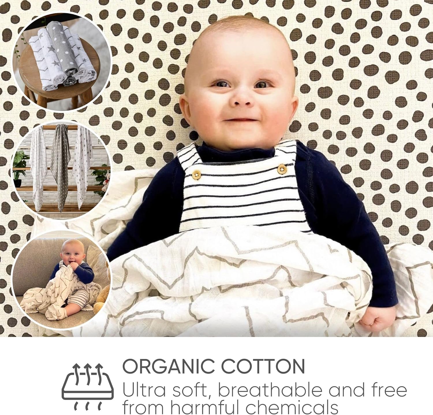 Thumbnail 2 de Bloomsbury Mill - Lot de 3 Grands Langes en Mousseline pour Bébé, 120 cm x 120 cm, 100% Coton Biologique, Gris et Blanc