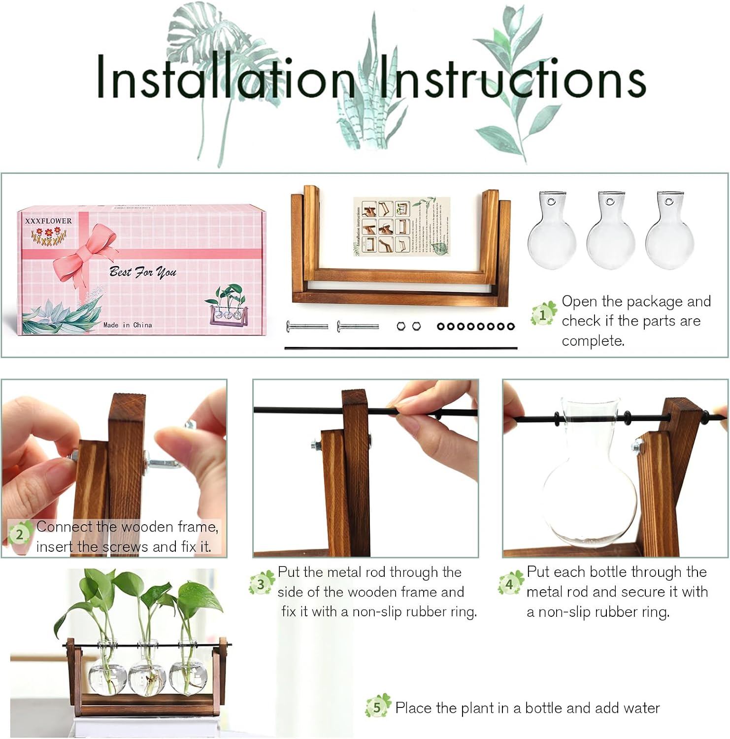 Detalle 2 de XXXFLOWER 3-Bulb Plant Terrarium with Wooden Stand and Glass Vases
