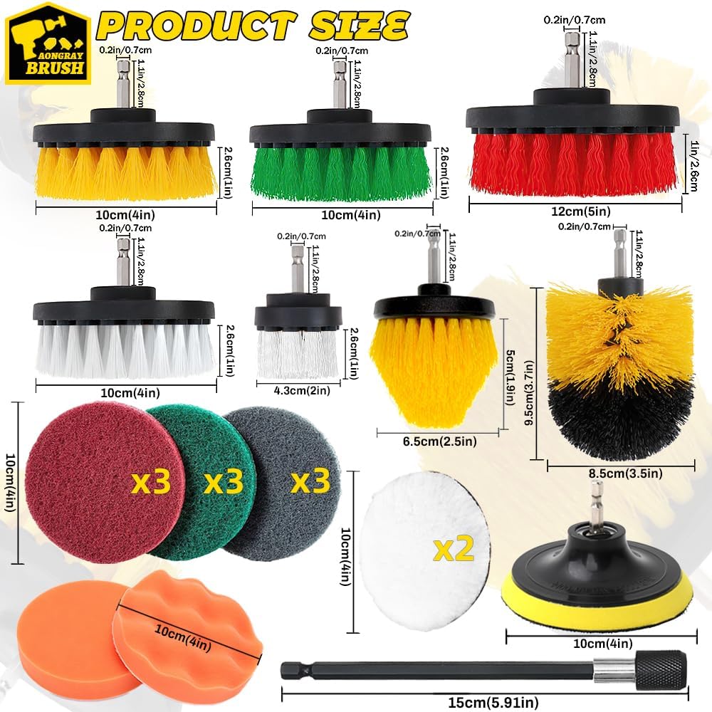 Detalle 2 de Aongray Drill Brush Attachment Set (22 pieces) – 1/4in Hex, with Extension Pole and Scrubbing Pads