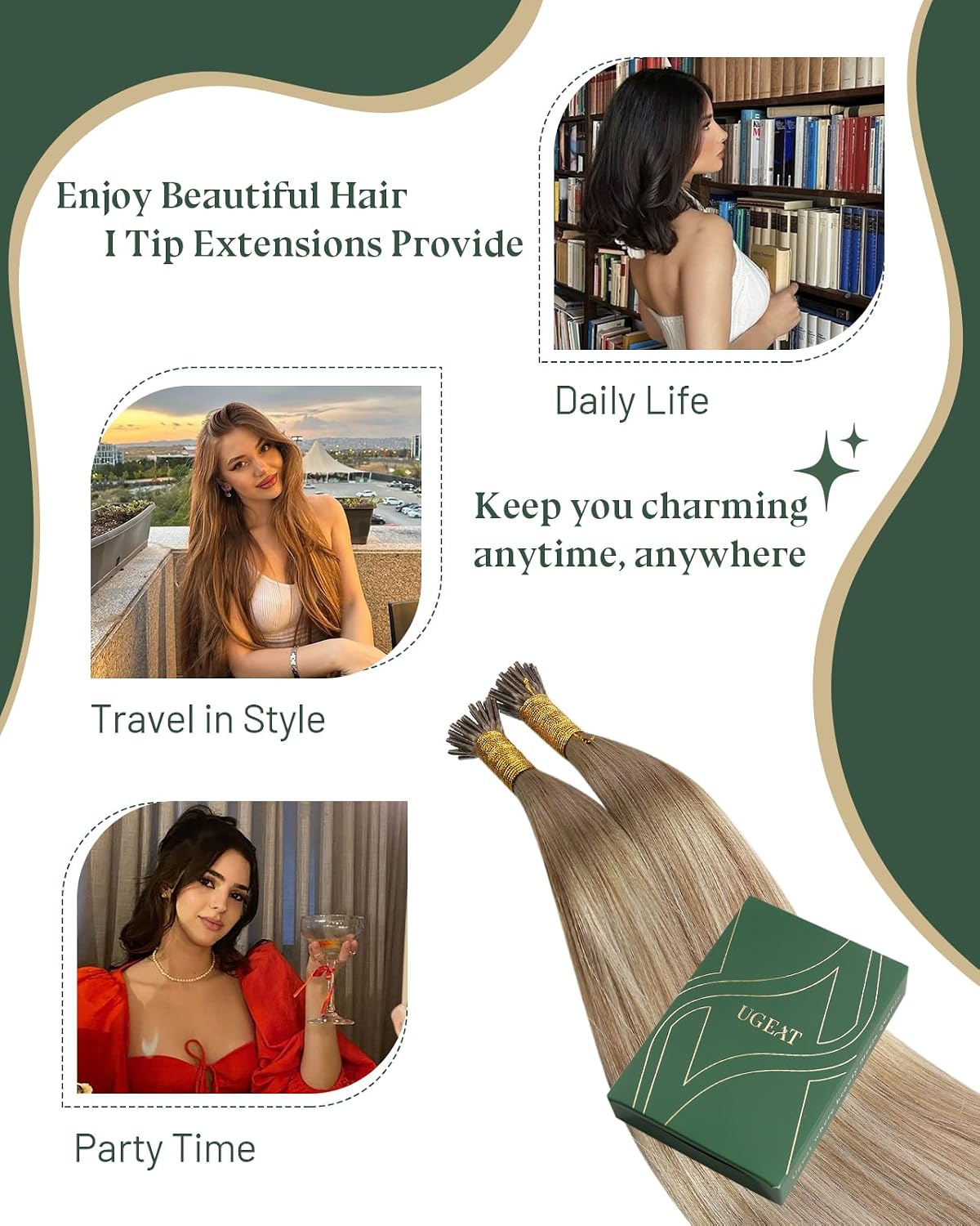Thumbnail 6 de Ugeat I-Tip Hair Extensions (Human Hair, Ombre Balayage) — Light Brown Mix Platinum Blonde, 20 Inch, 50S 40G