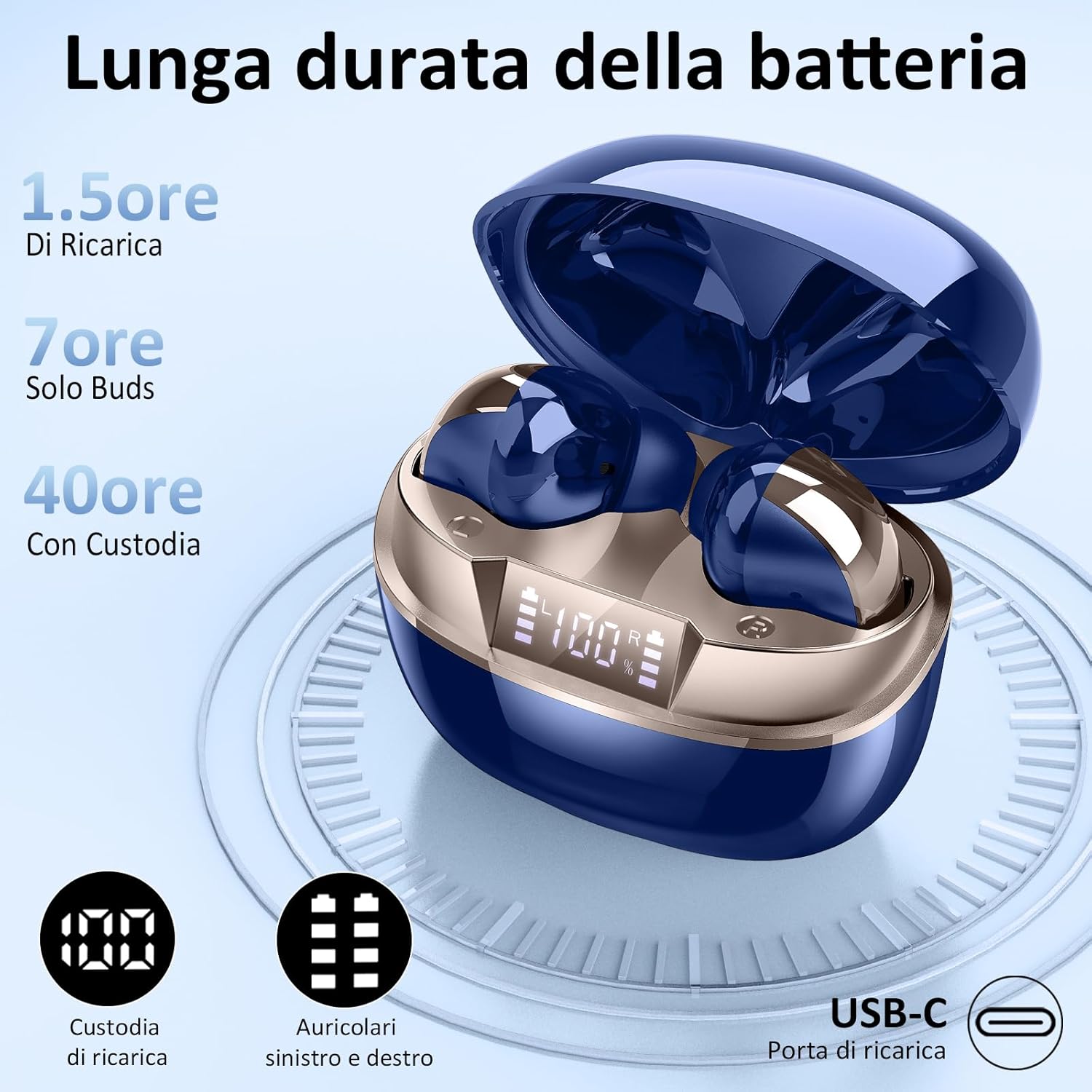 Thumbnail 3 de AOSRAU Wireless Earbuds (Bluetooth 5.3), Blue Gold – noise cancelling mic, IP7 waterproof