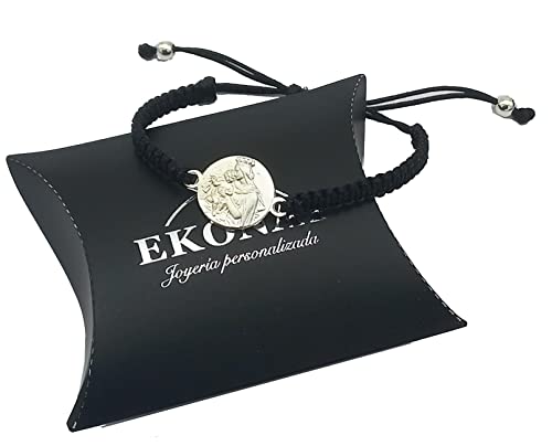 Detalle 1 de Ekonat Pulsera Virgen del Carmen - Pulsera de plata con macramé negro, ajuste corredizo