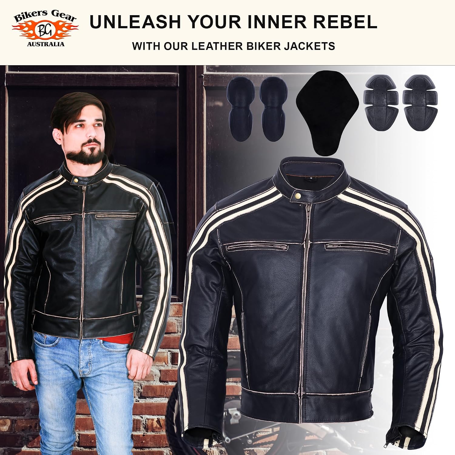 Detalle de Bikers Gear Bonnie – kurtka motocyklowa ze skóry bydlęcej, L, kość słoniowa w paski