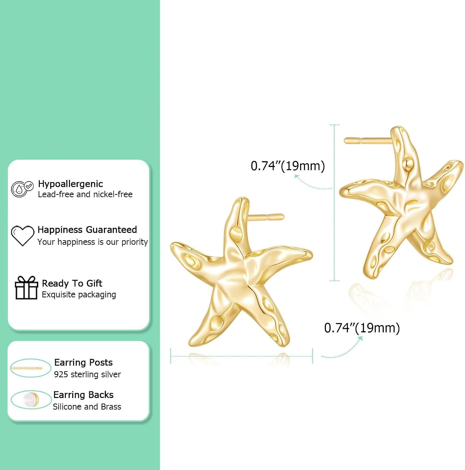 Detalle de HANLI Gold Starfish Earrings — Lightweight S925 Sterling Silver Hoop? No, Studs for Women