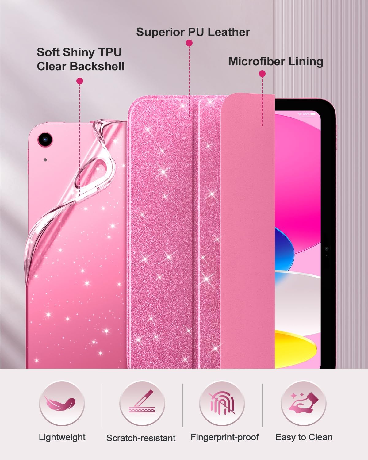 Detalle de MoKo Sparkly Case for iPad 11 (A16) 11th Gen (2025) / iPad 10.9 (2022) 10th Gen with Touch ID & auto sleep/wake, Glitter Pink