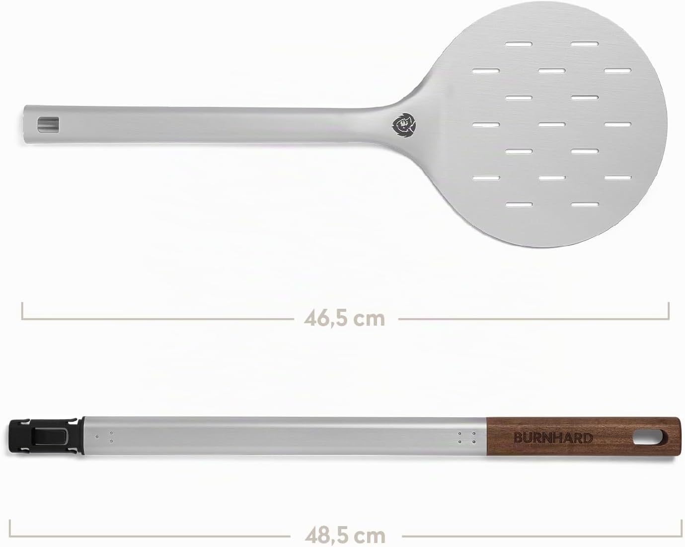 Detalle de BURNHARD Pizzawender rund – Pizzawender mit perforierter Schaufel und Griff aus FSC-Akazienholz
