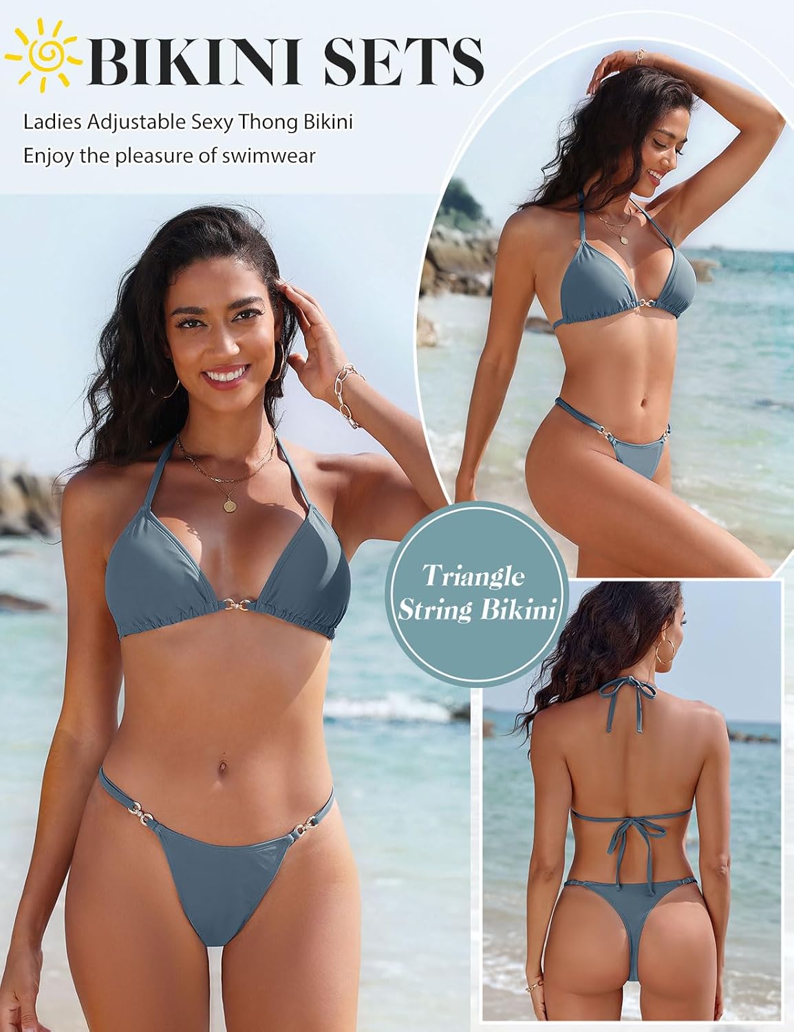 Detalle de Yuson 2-Piece Halter Triangle Bikini Set for Women UK – Adjustable String Bikini with Removable Padding
