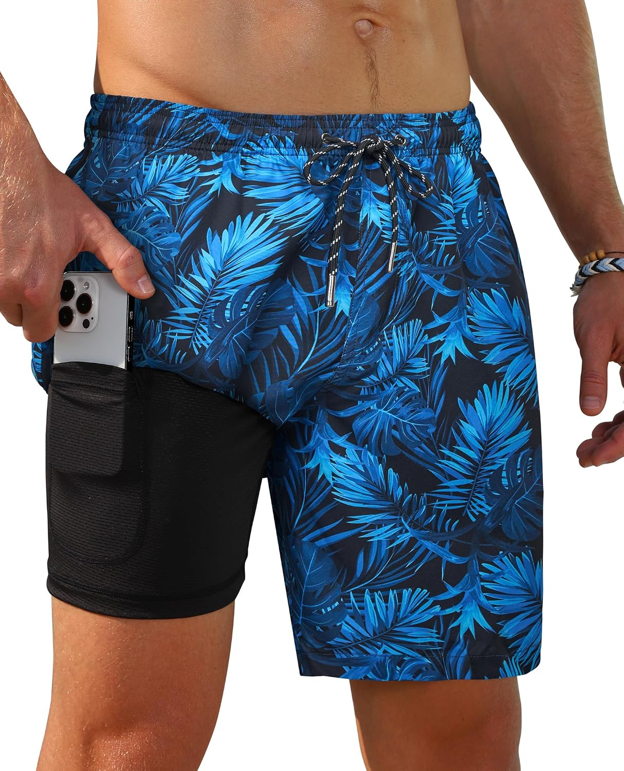 Detalle de Gleeease 7-Inch Men's Swim Trunks 2-in-1 with Compression Liner, Pockets, and Quick-Dry Stretch Fabric