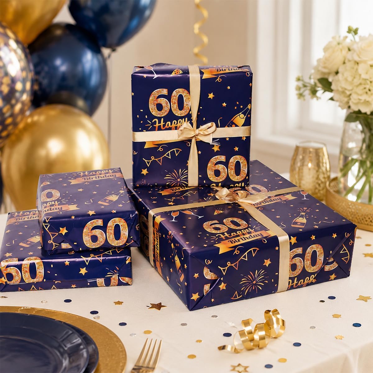 Detalle 2 de 60th Birthday Wrapping Paper Set with Tags & Ribbons (Blue & Gold)