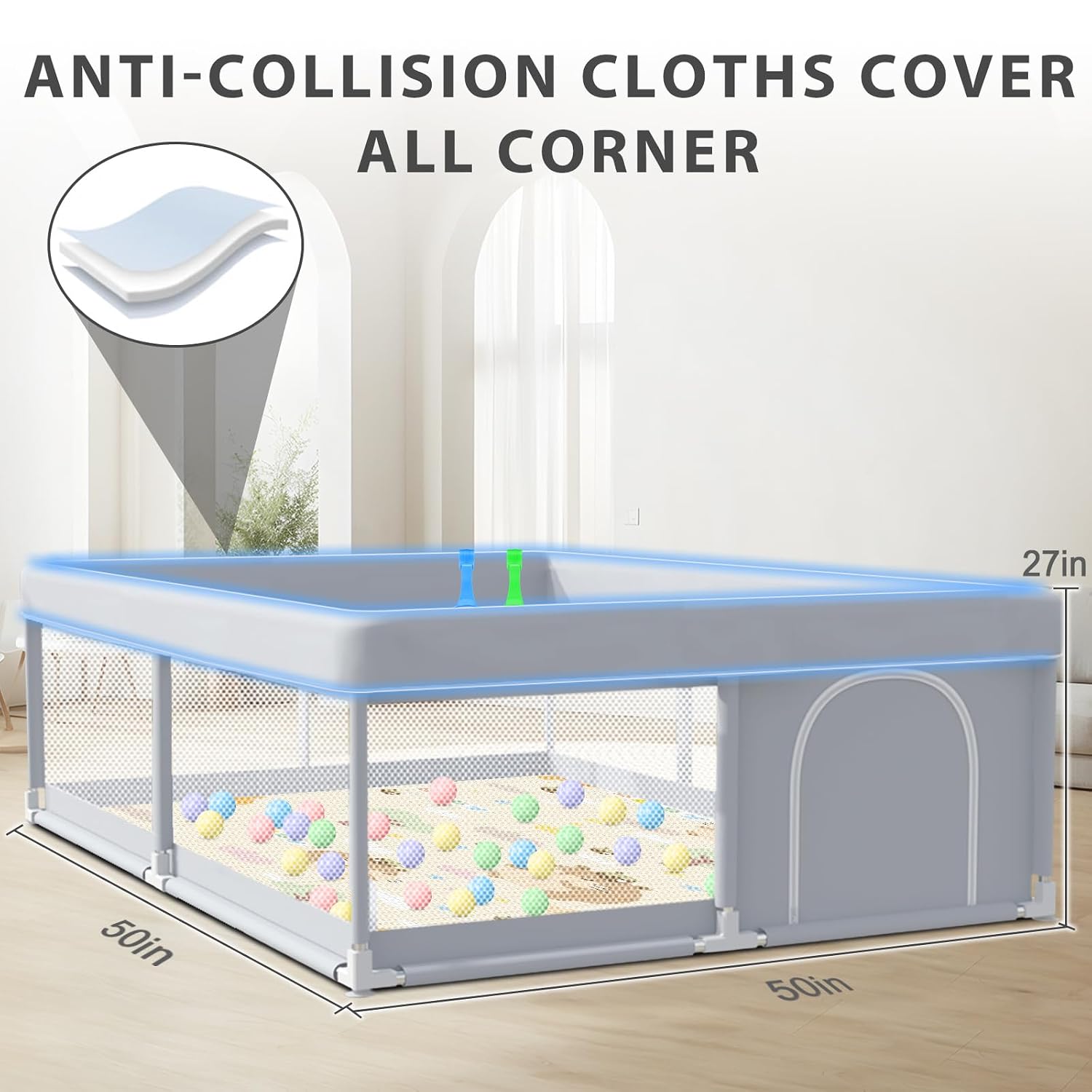 Detalle 2 de XVISHX 50 x 50 Inch Baby Playpen with Mat, Mesh Sides & 18 Balls