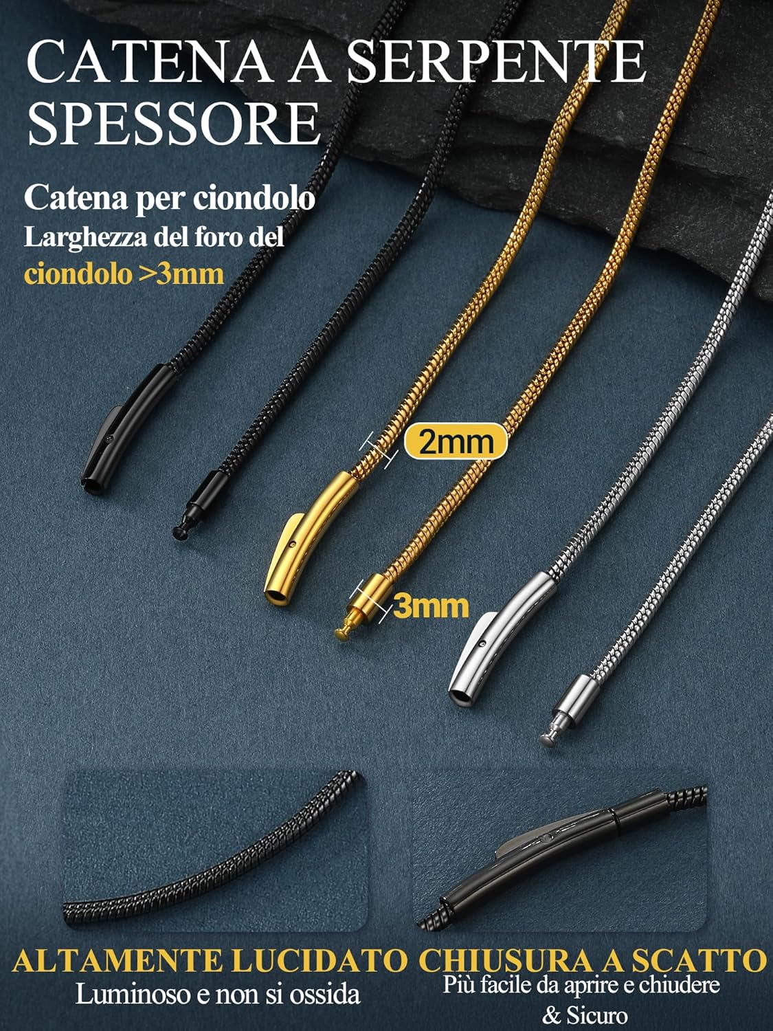 Thumbnail 2 de PROSTEEL Collana Serpente 2MM 46 cm – Acciaio Inox 316L Nero, Clasp a Clip, Versatile da Uomo e Donna