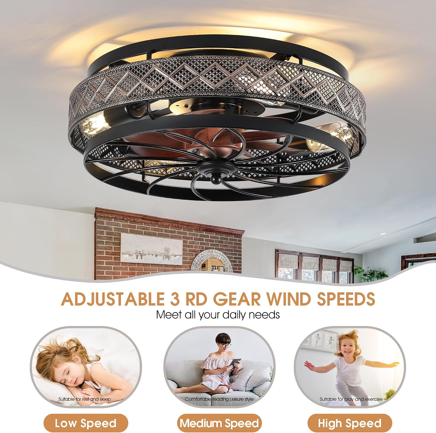 Detalle 2 de SHIHOT 6202 Low-Profile Caged Ceiling Fan with Light, Remote and Reversible Airflow