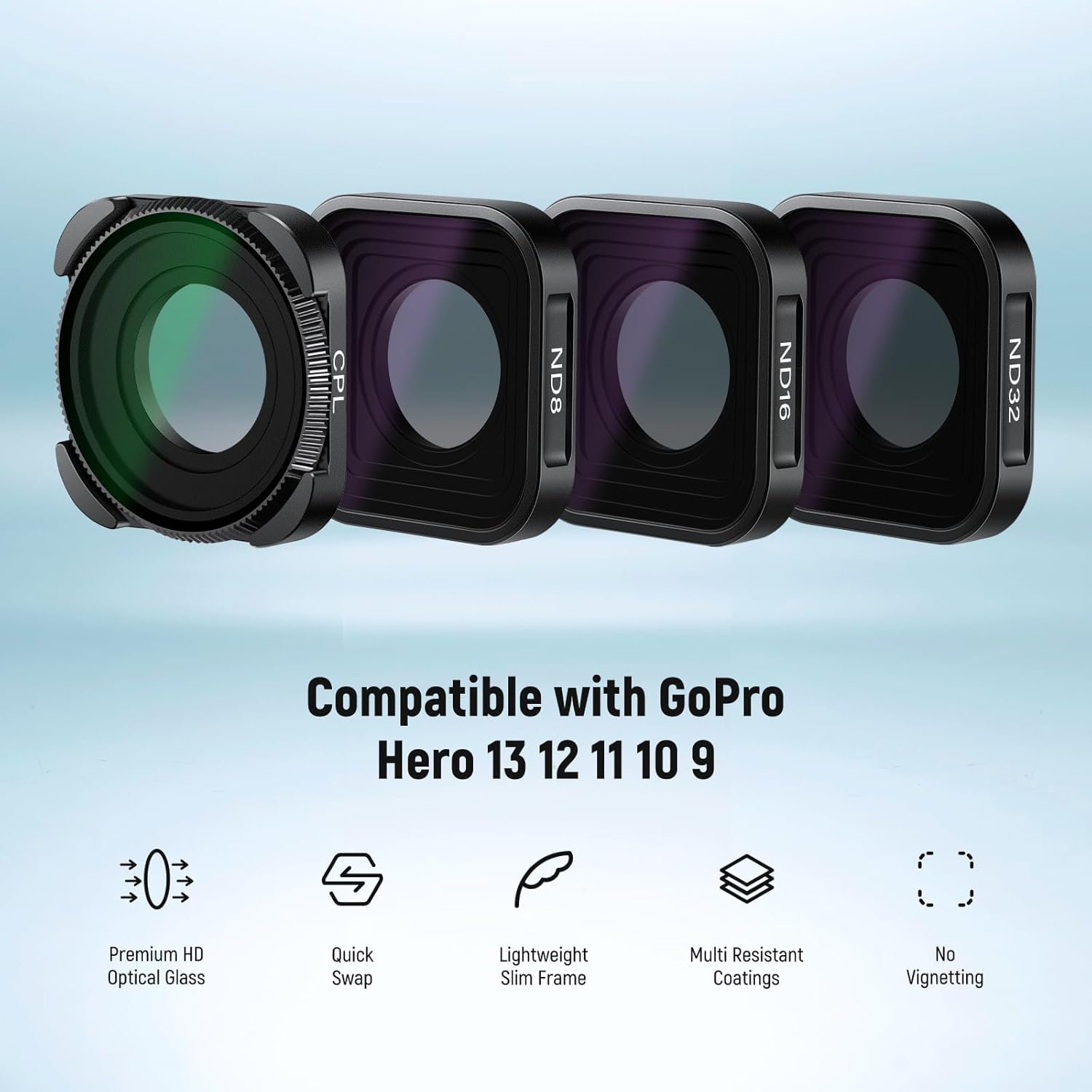 Thumbnail 1 de NEEWER ND Filter Set for GoPro Hero 13–9 (4 Pack: ND8, ND16, ND32, CPL) with Protective Case