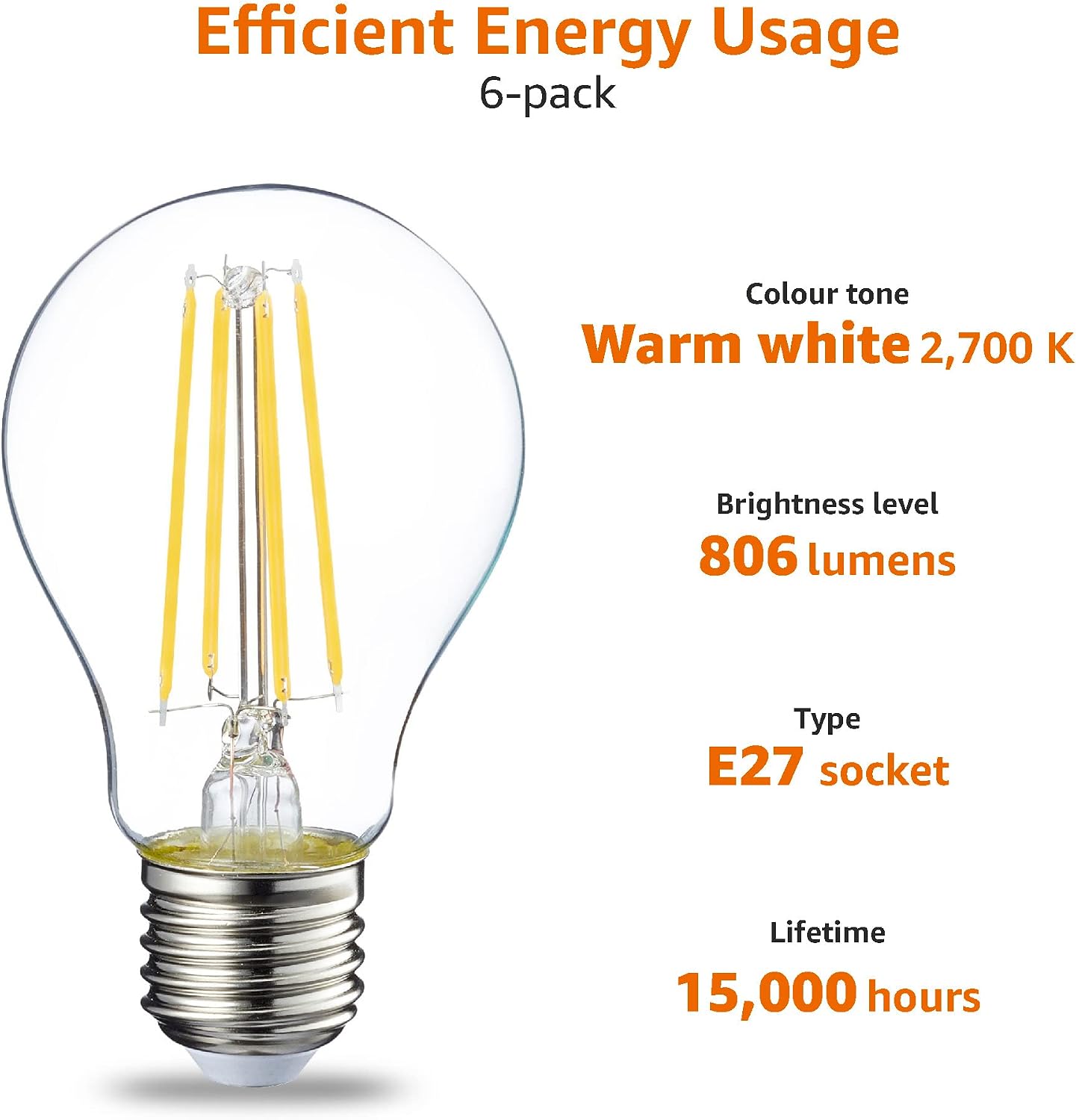 Detalle 2 de Philips 7W E27 LED Filament Bulb (60W equivalent) – Warm White, 6‑pack, Non‑Dimmable