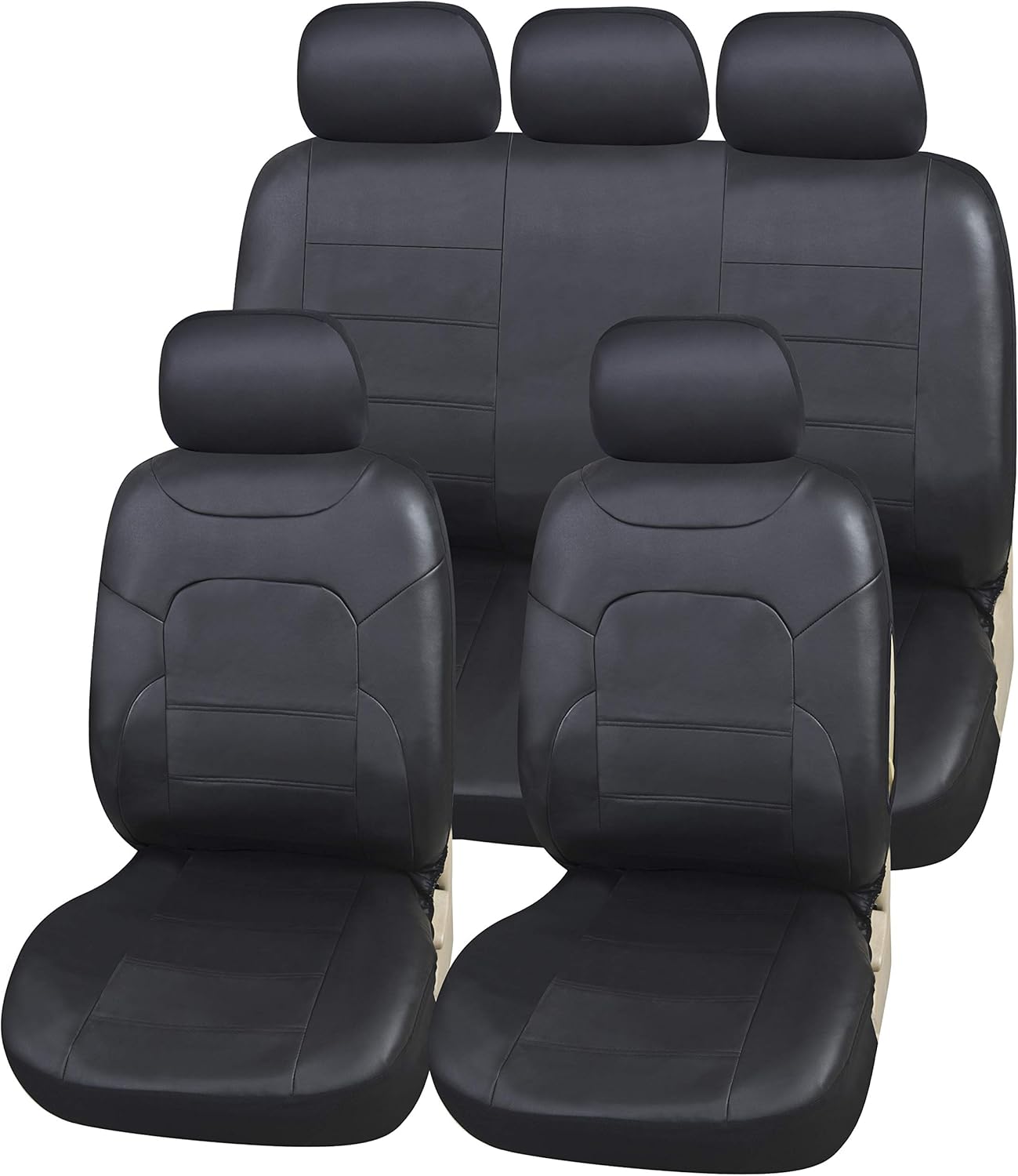 Upgrade4cars Coprisedili auto universali in ecopelle nero (set completo anteriore e posteriore, 9 pezzi)