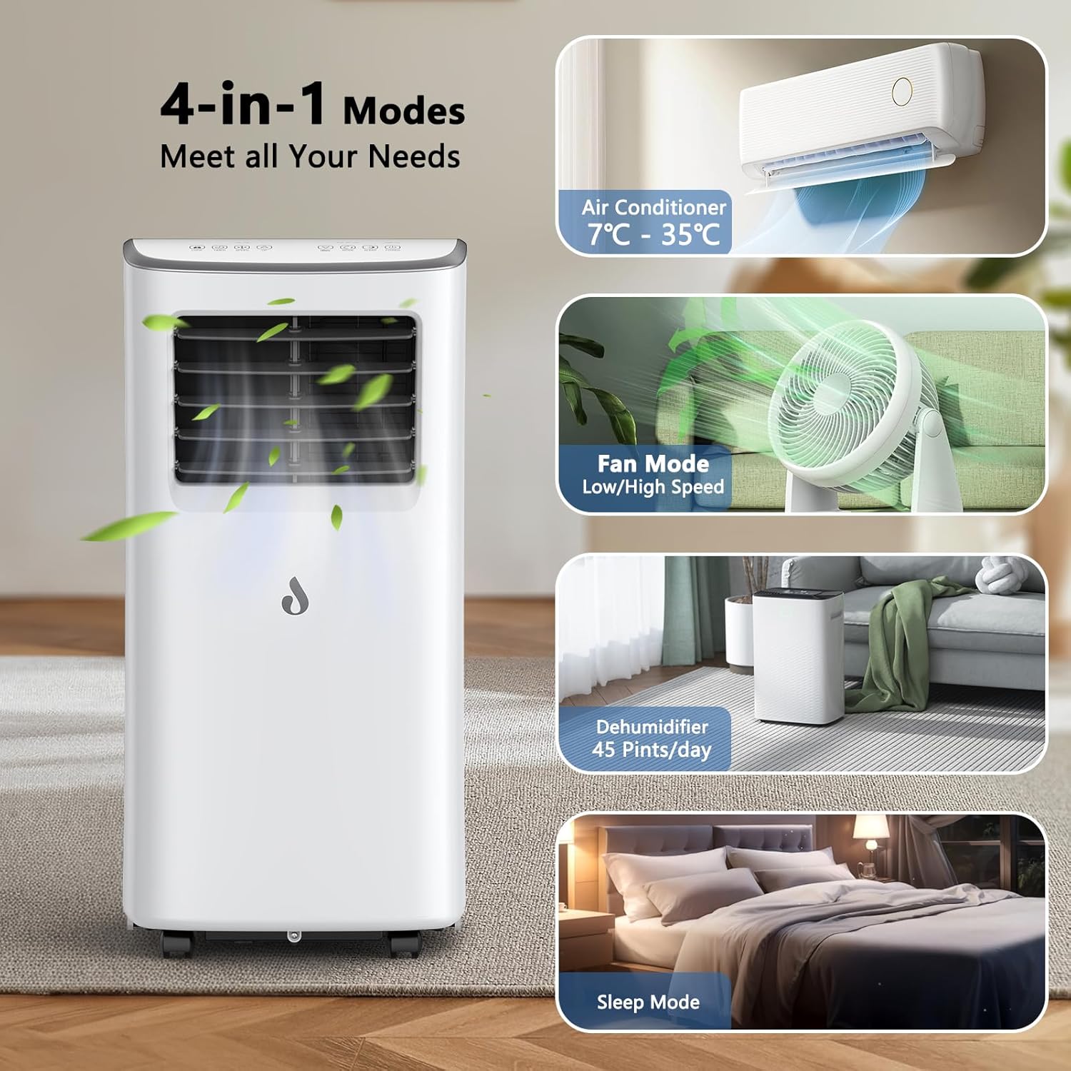 Detalle de Air Conditioning Unit: Portable 7000 BTU 4-in-1 Cooling, Fan, Dehumidifier and Sleep Mode with Remote