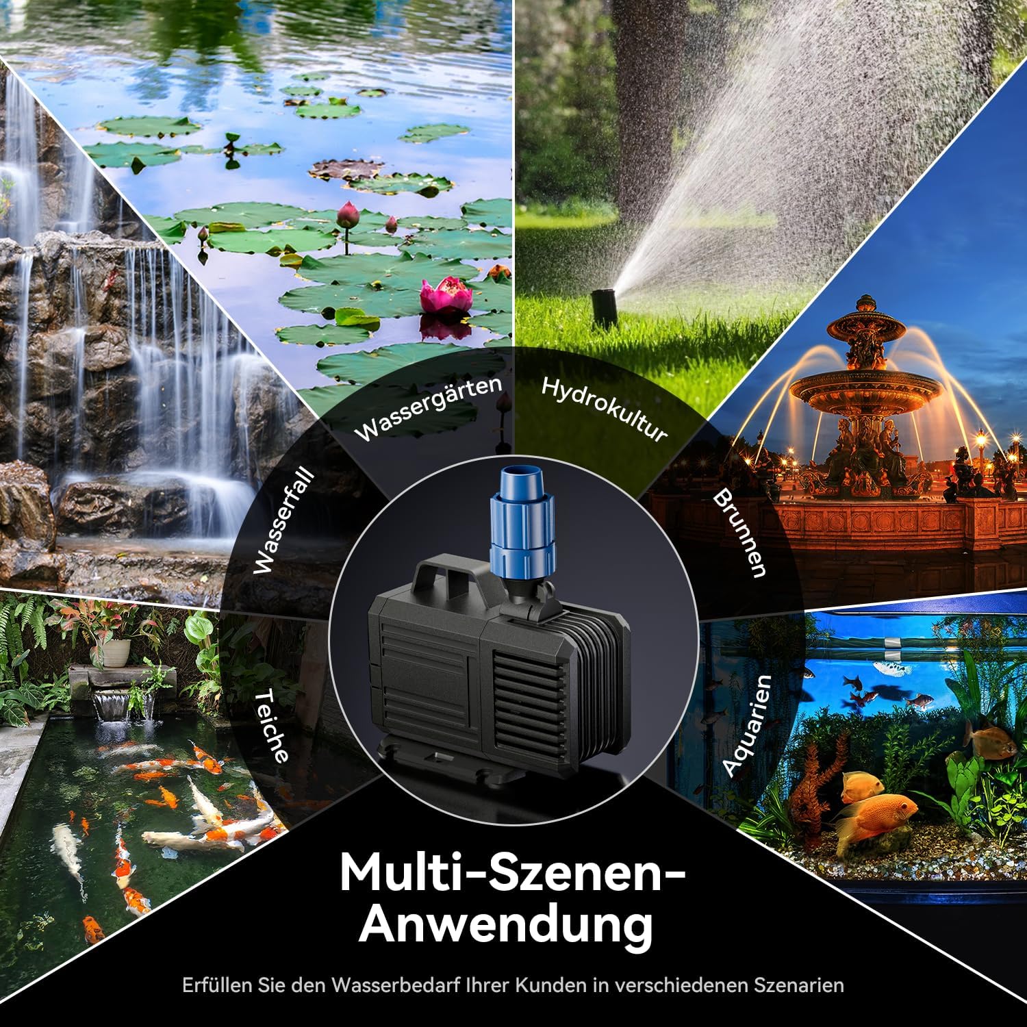 Thumbnail 6 de Tauchpumpe 5700 L/H (max) 125 W für Teich, Aquarium & Bachlauf – Amphibische Teichpumpe mit 2 Düsen