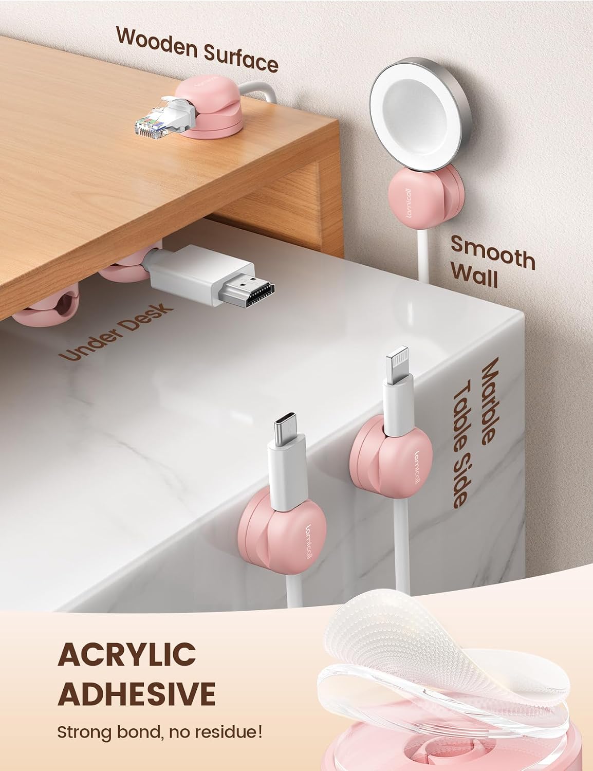 Detalle 2 de Lamicall 6-Pack Pink Rotatable Spring Cord Clips, 360° Swivel