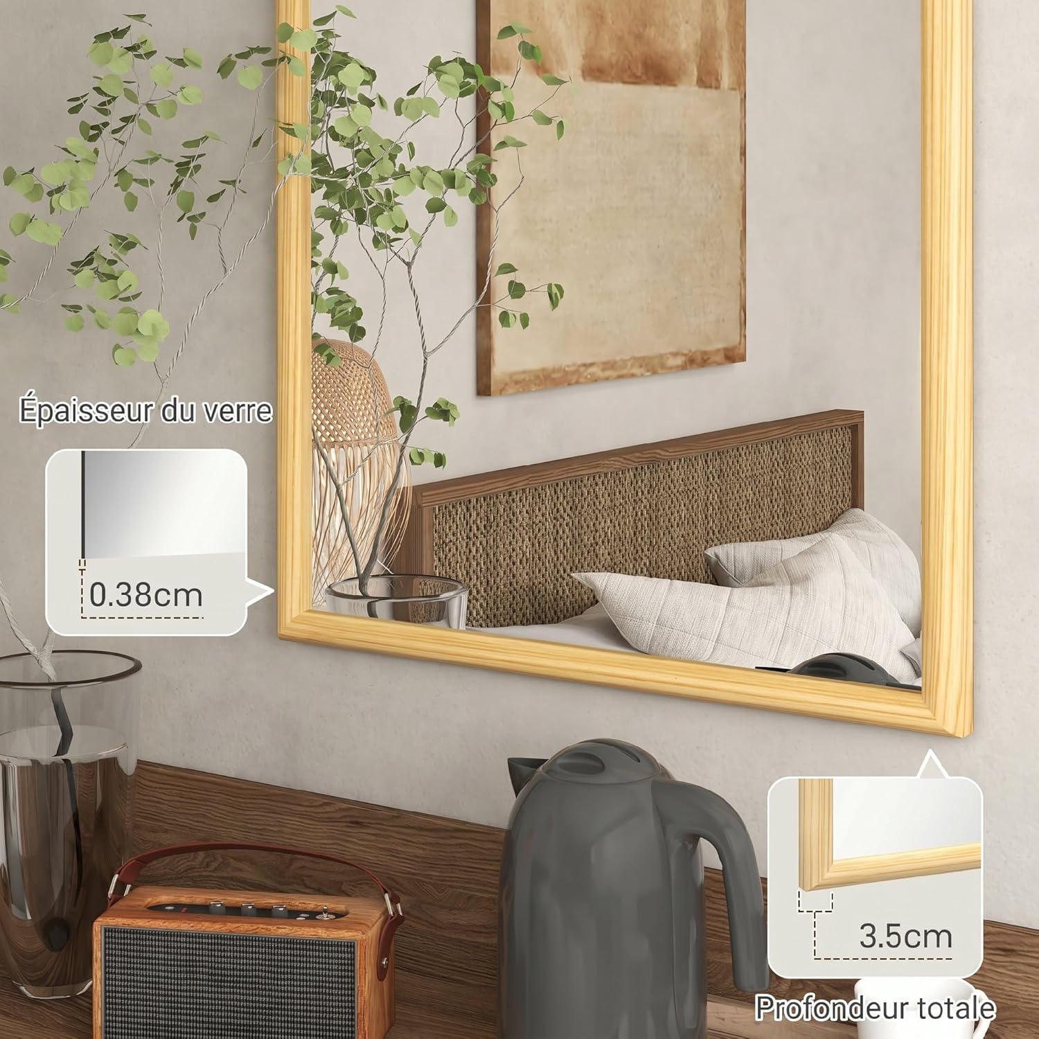 Detalle de HOMCOM Miroir Mural Arche 110 x 65 cm – Cadre en BoisNaturel