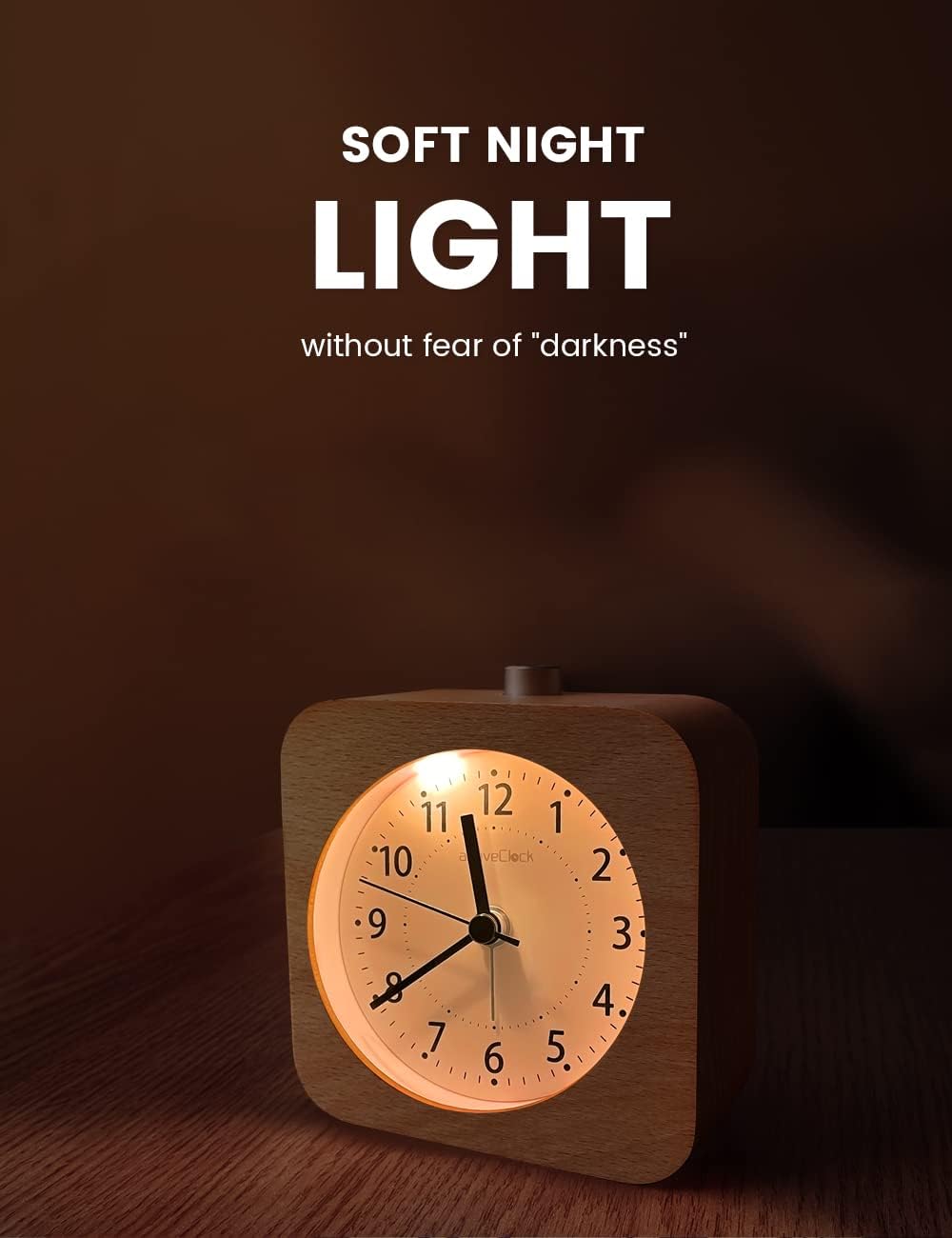 Detalle de aboveClock houten analoge wekker zonder tikgeluid, met snooze en nachtlampje