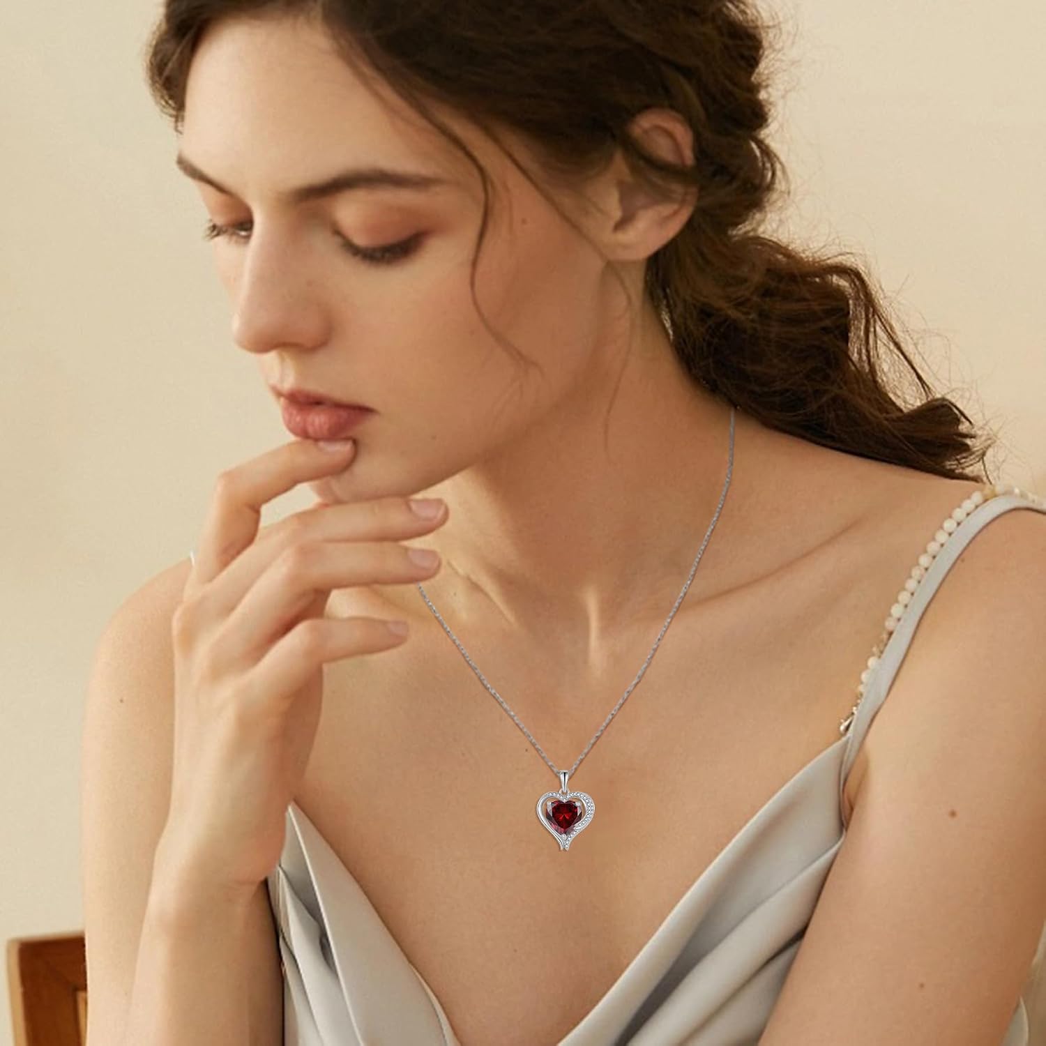 Detalle 2 de FJ Herz Kette Damen 925 Sterling Silber mit Engelsflügeln und Geburtsstein