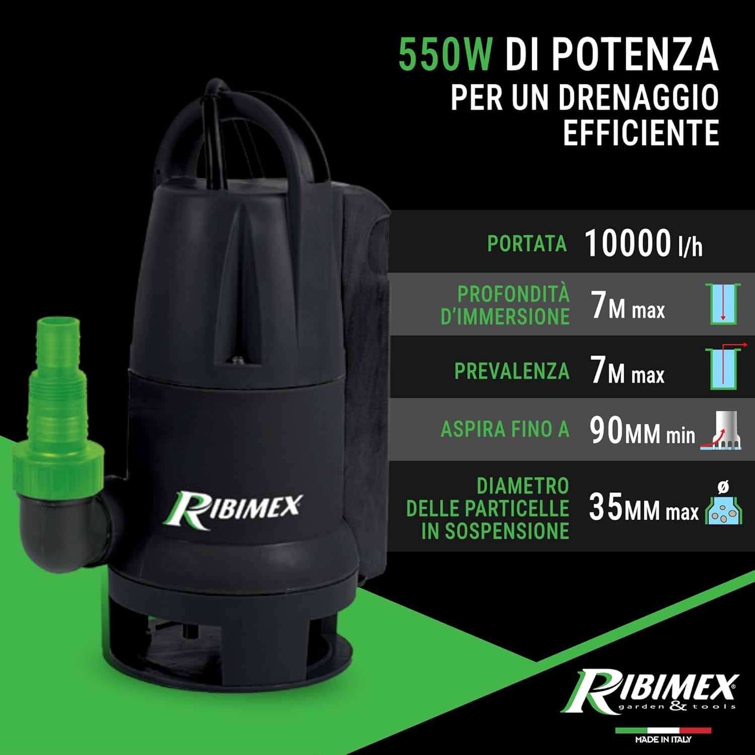 Detalle de Ribimex Pompa Sommersa per Acque Scure PRPVC550CA – 10.000 L/h, 550W, galleggiante integrato
