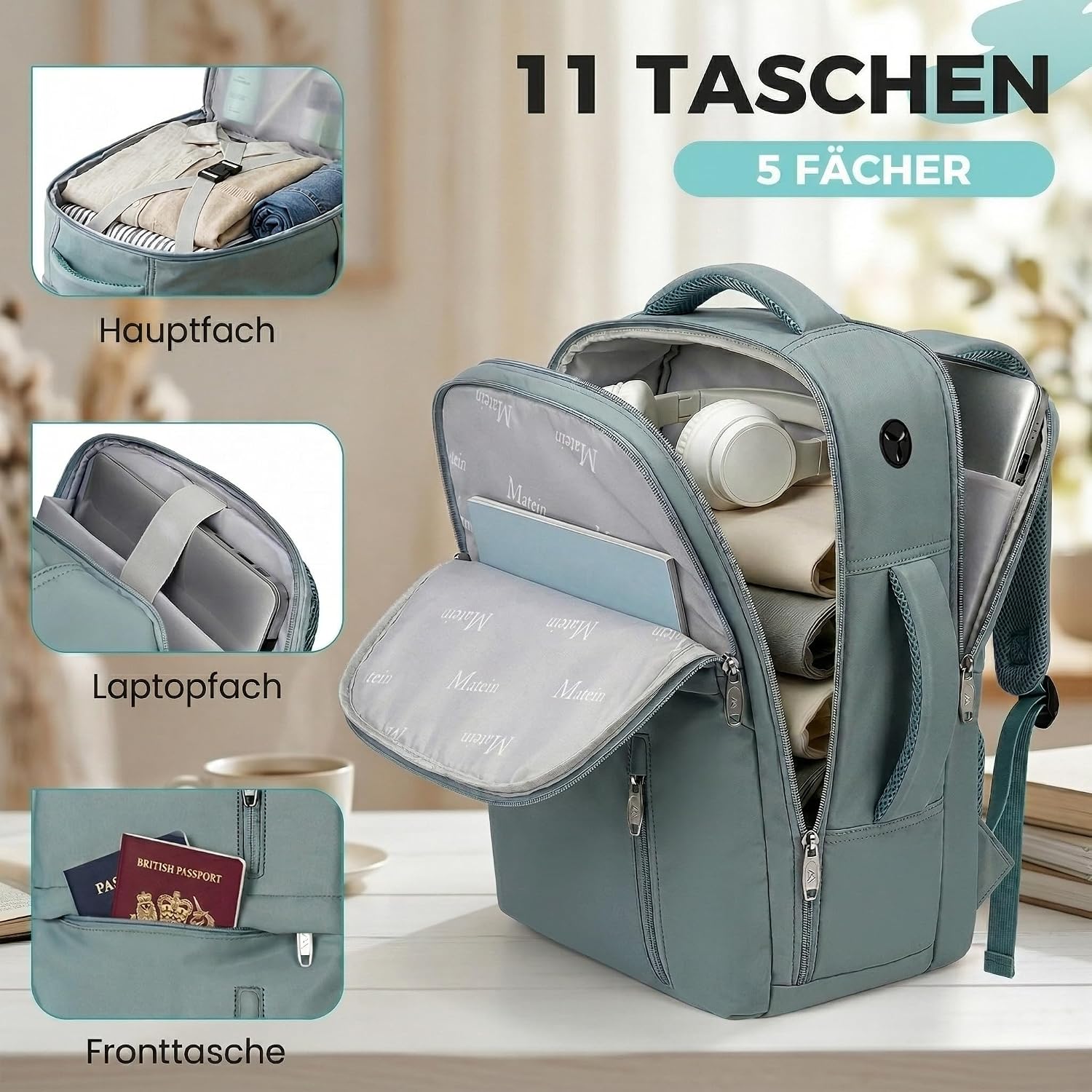 Detalle de MATEIN Ryanair Handgepäck 40x30x20 cm – kompakter 24L Rucksack mit Nassfach und Laptopfach (Pfauengrün)