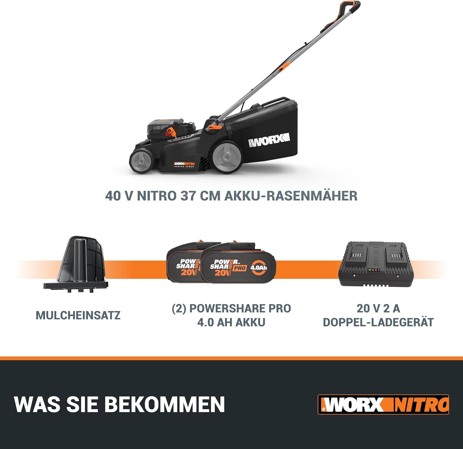 Detalle de WORX WG737E Nitro Akku-Rasenmäher 40V(2x20V) – leistungsstarker, bürstenloser Motor