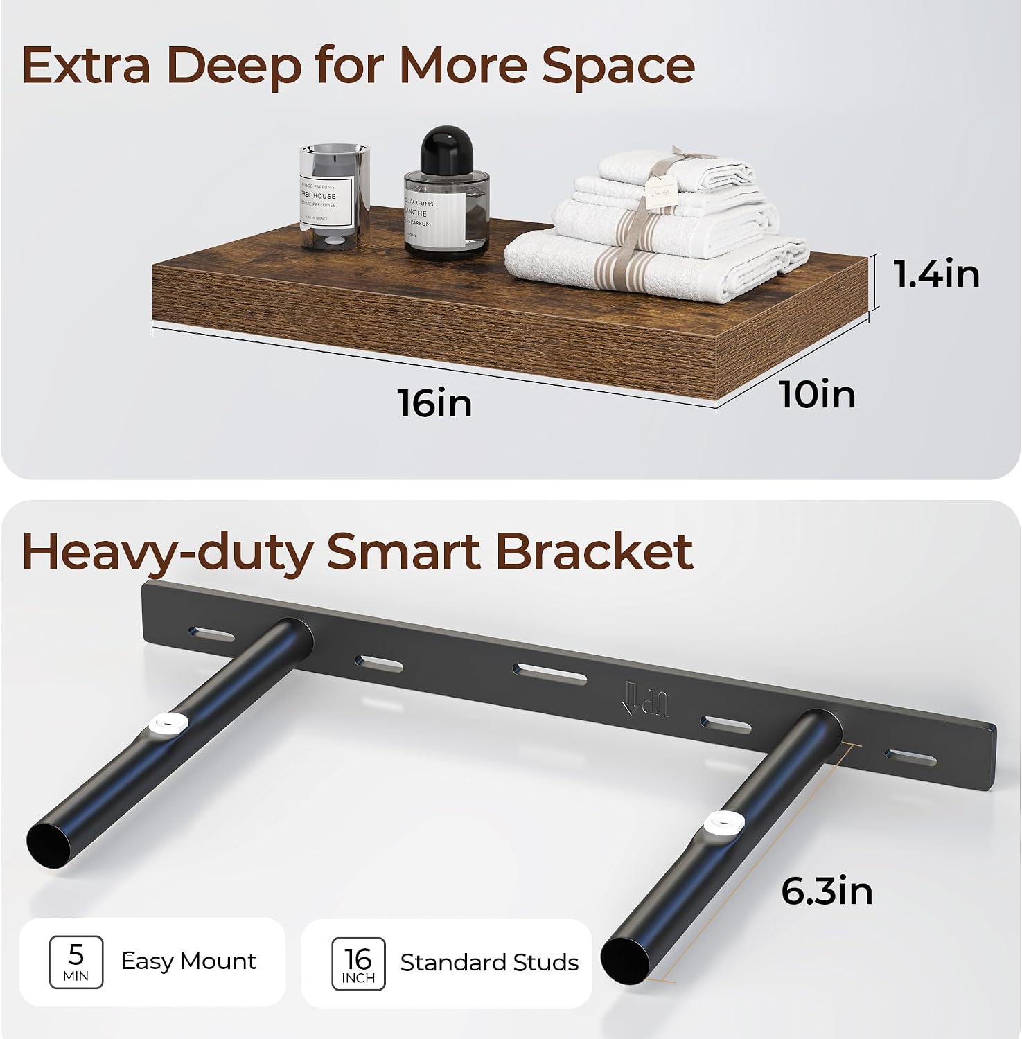 Detalle de Fun Memories FS-MDF62 16-Inch Floating Shelves, 8-Inch Deep, Brown, 3-Pack