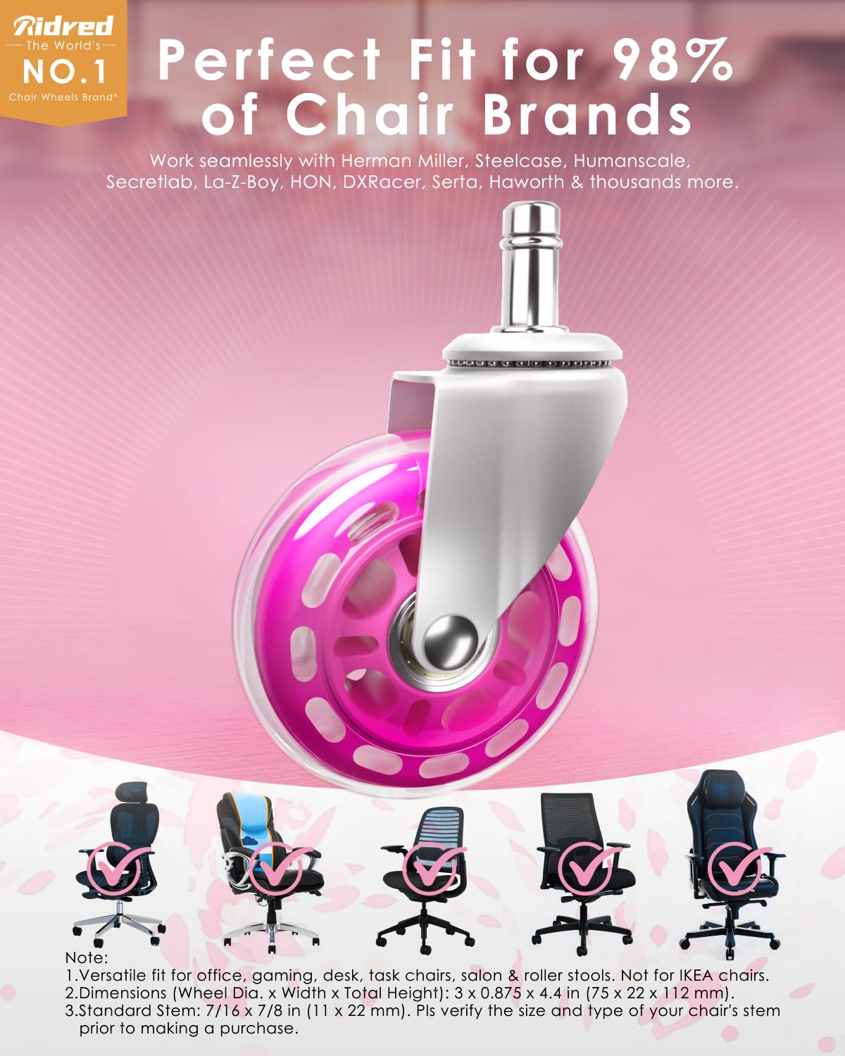 Detalle 2 de RidRed OCW-001-Pink Office Chair Casters, Pink Polyurethane, 5-Pack