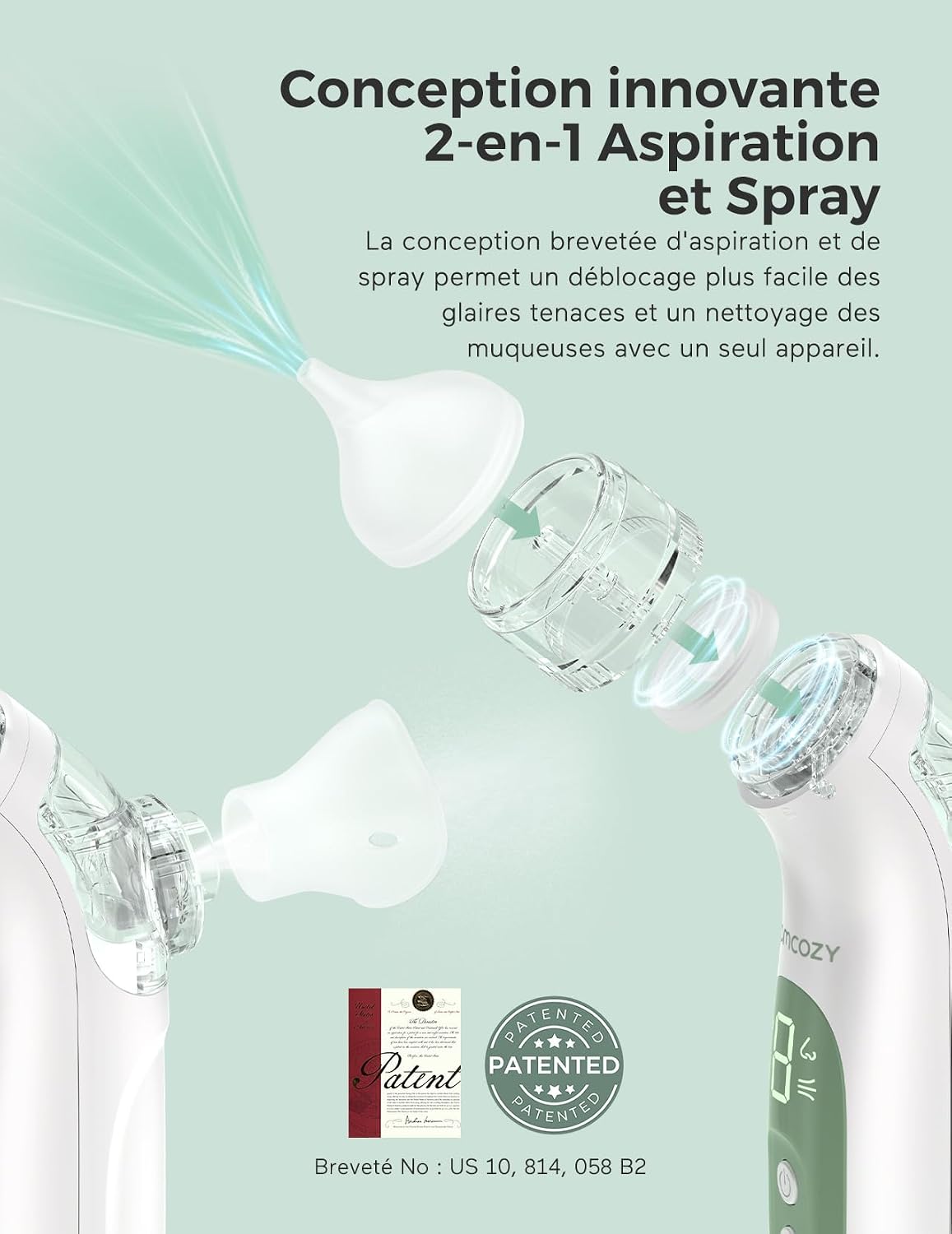 Detalle 2 de Momcozy BN07 Mouche Bébé Électrique 2-en-1 – Aspiration et nebulisation
