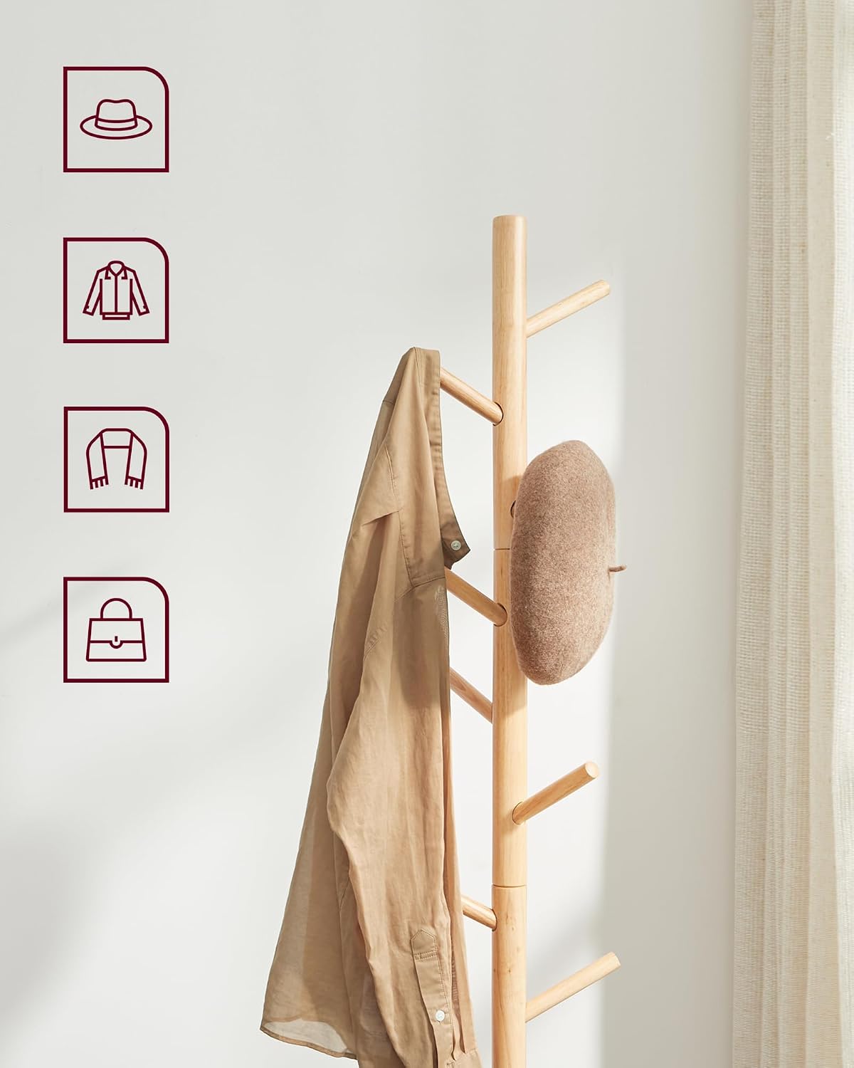 Thumbnail 6 de VASAGLE RCR004N01 Solid Wood Coat Stand, 8 Hooks, 3 Height Settings