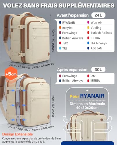 Detalle 2 de VANKEV Sac à Dos Voyage Cabine extensible – 40x30x20 cm (étendable 40x30x25 cm) pour Ryanair et compagnies européennes