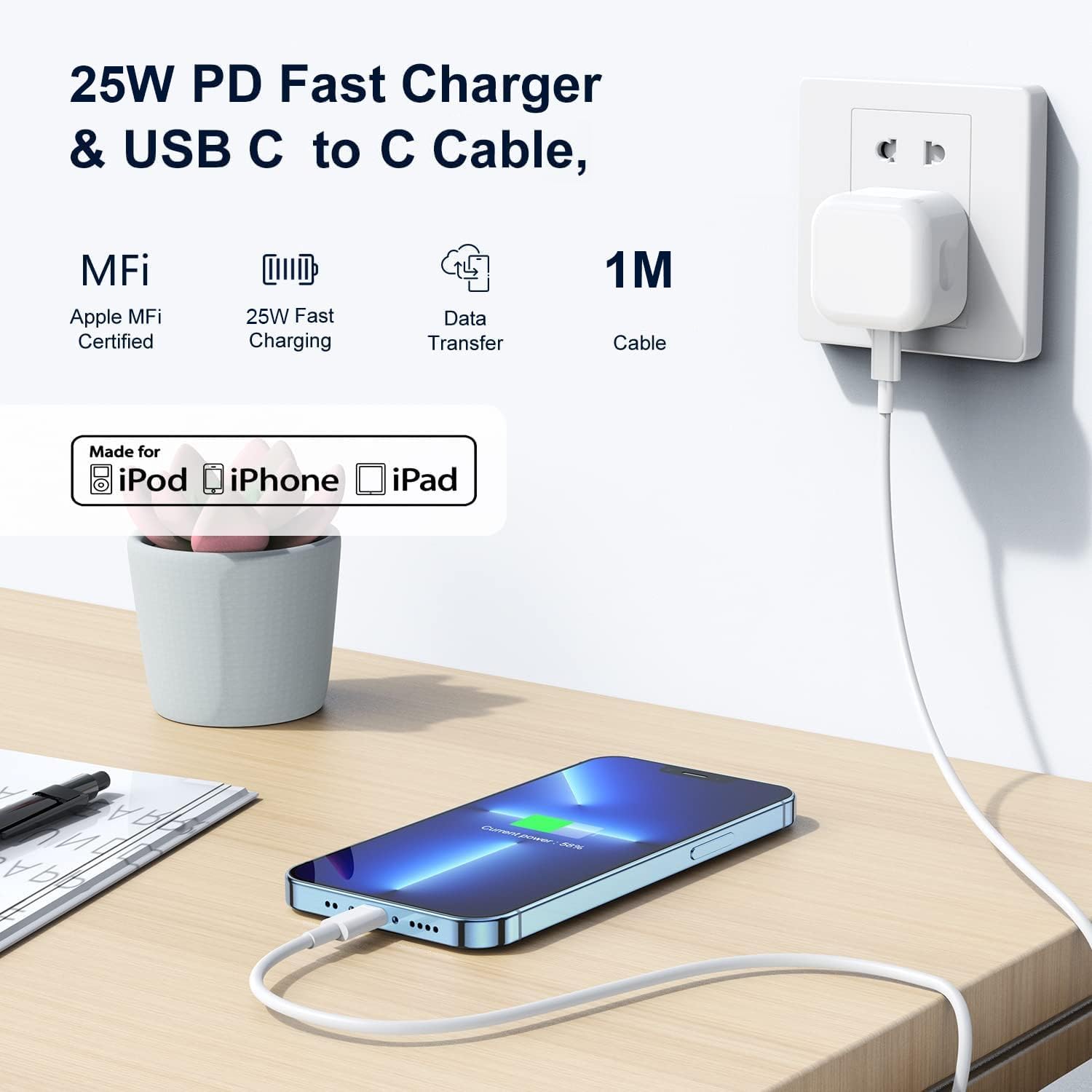 Thumbnail 1 de iPhone 17/16 Charger 2Pack: 25W USB-C Fast Charger with 1m C-to-C Cables