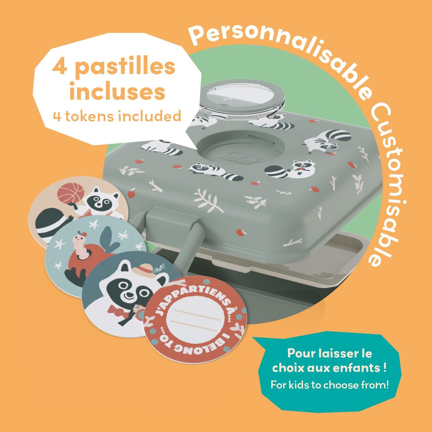 Thumbnail 3 de monbento Snacky Bambini verde Raccoon – porta panino e merenda personalizzabile con posate incluse, senza BPA