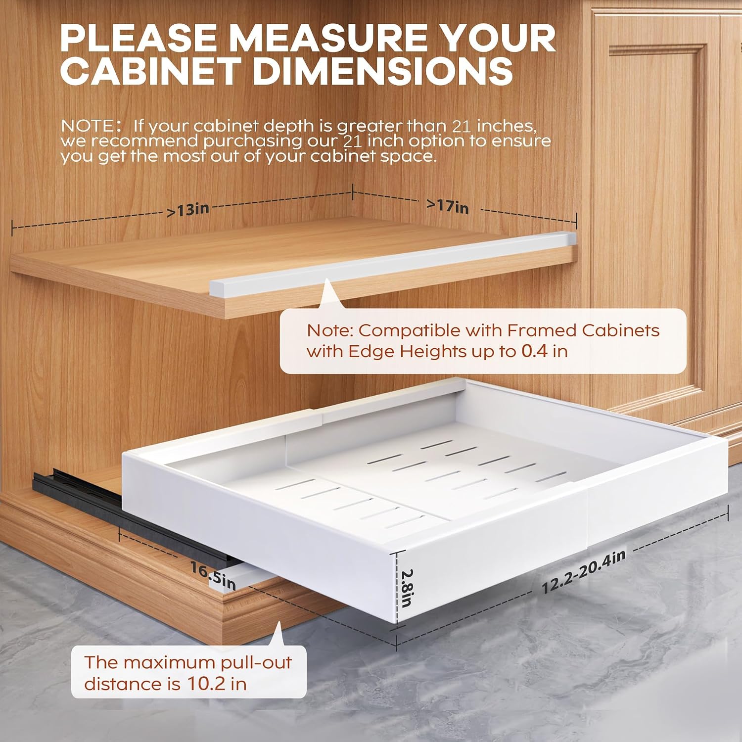 Detalle de Seinloes 1 Pack Expandable Pull Out Cabinet Organizer — 21" Deep with Raising Pad, 3-Rail Slide Out Drawers, Adjustable Width 12.05"–20.4", White