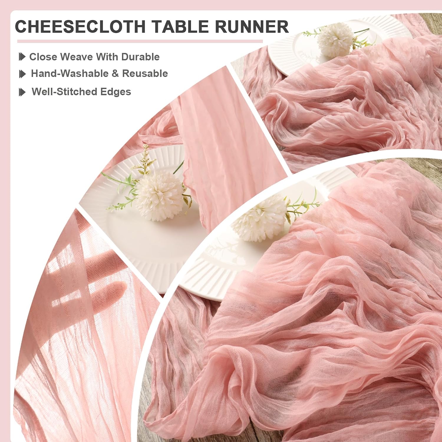 Thumbnail 4 de Dusty Pink Cheesecloth Table Runner 35x120 Inches