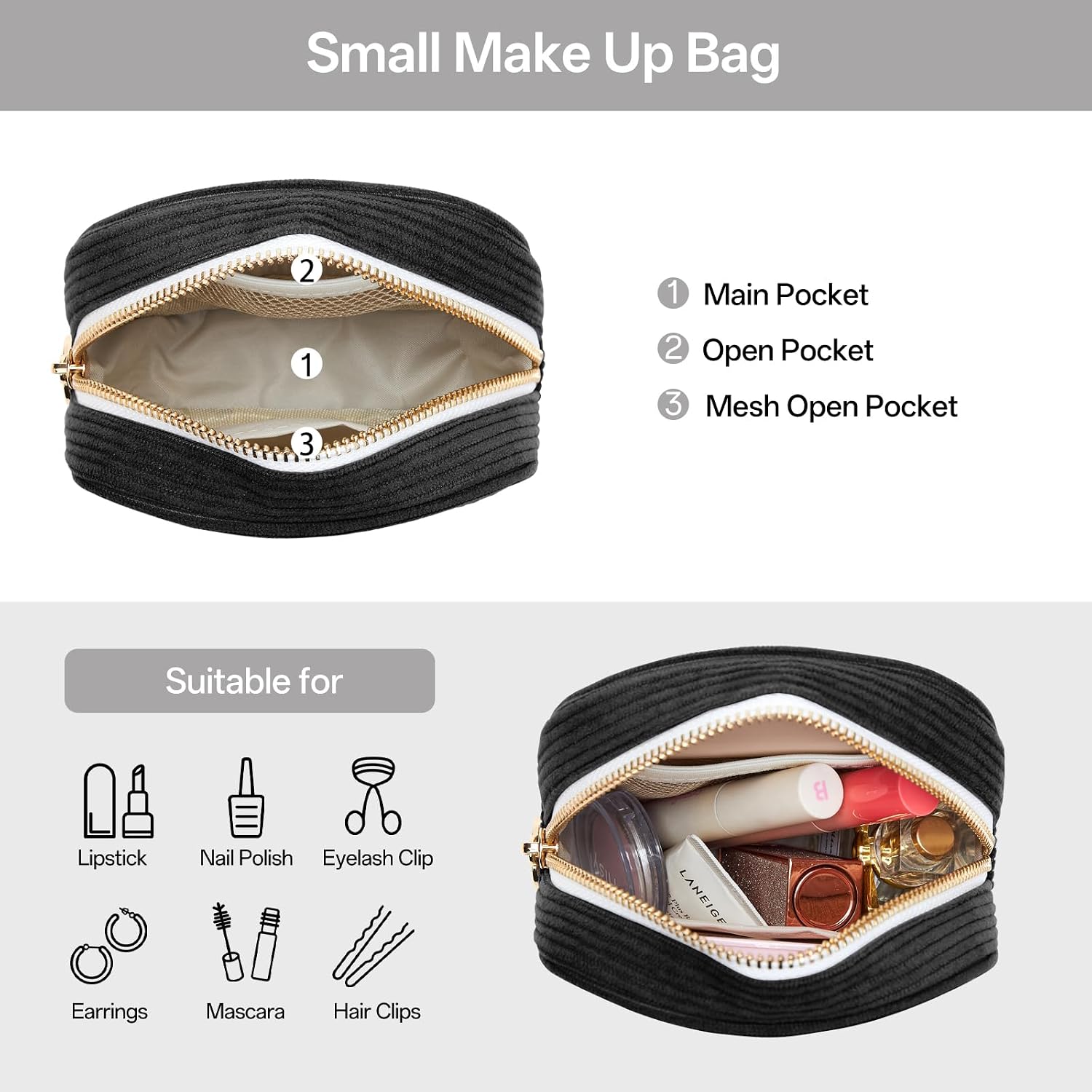 Thumbnail 2 de KALIDI Mini Corduroy Makeup Bag for Women – Small, Portable Cosmetic Pouch with Metal Ring Zipper