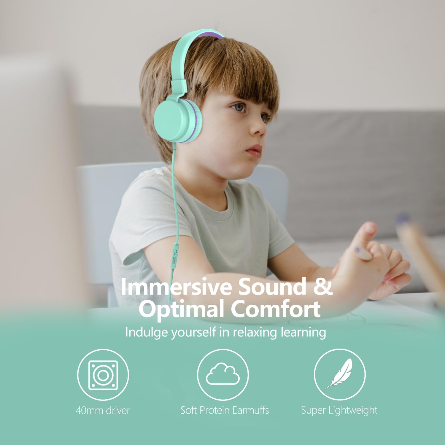Detalle de YOYOTUNE DMJ-H01 Wired On-Ear Kids’ Headphones with Mic and 85/94dB Limiter