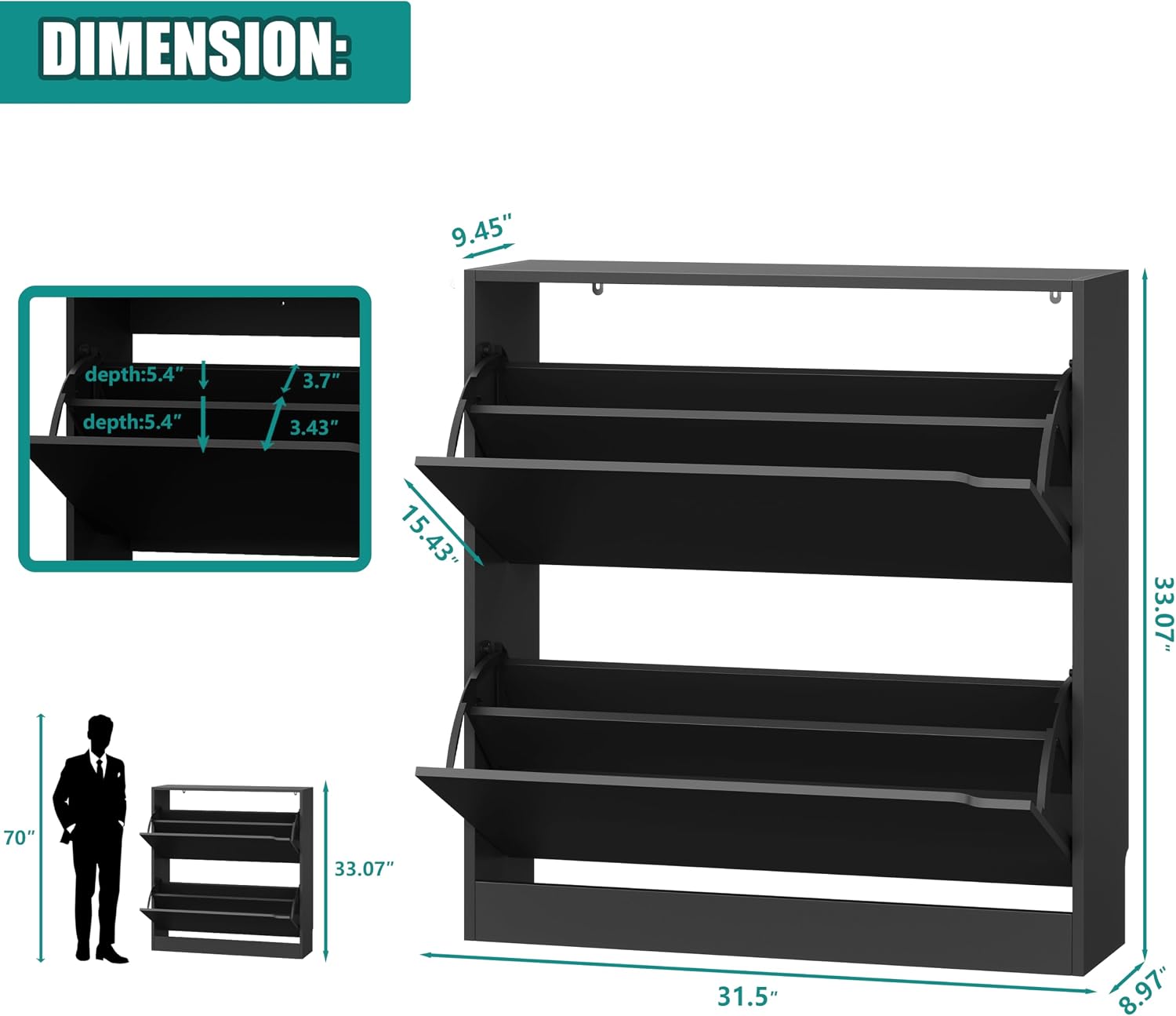 Detalle de Xixini 002 Shoe Storage Cabinet, 2 Flip Drawers, Slim Black Design