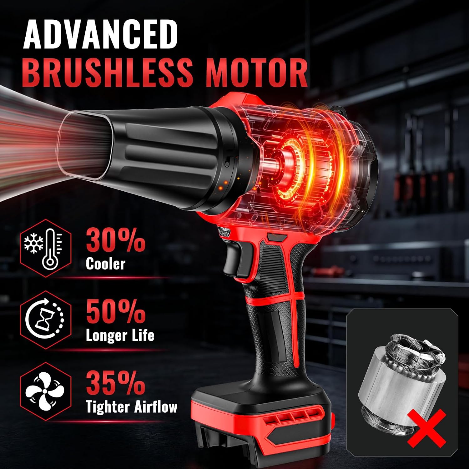 Detalle de Dinftin BL-BFJ-M01 Cordless Leaf Blower, 125 MPH, 430 CFM, Two Nozzles
