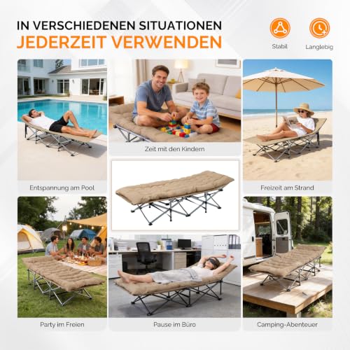 Thumbnail 7 de Bonnlo Feldbett klappbar mit Matratze – XXL Campingbett 190 x 71 x 36 cm, verstärkte Stahlrohre, Oxford-Gewebe, Braun