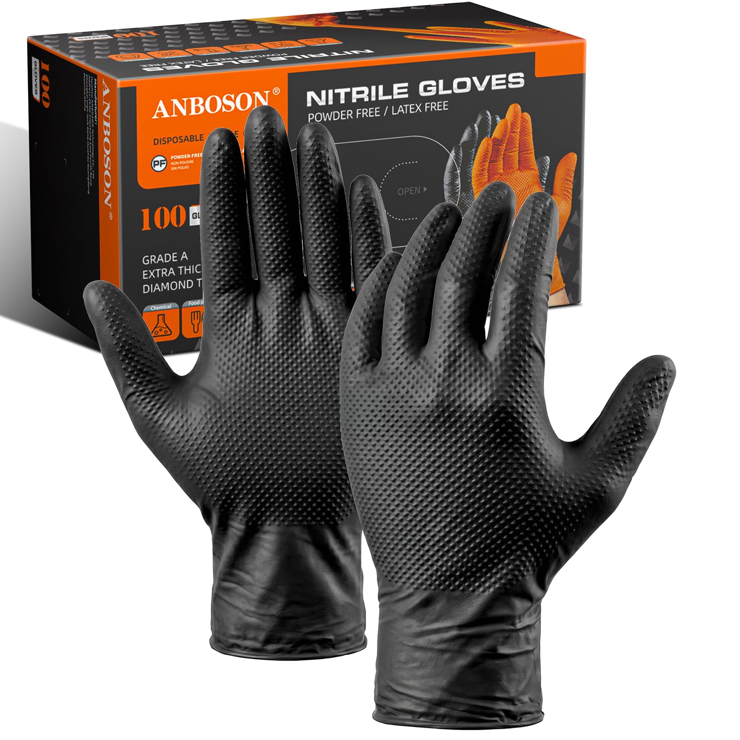 Detalle de ANBOSON 10 Mil Nitrile Gloves, Medium, Black, 100 Count, Diamond Grip