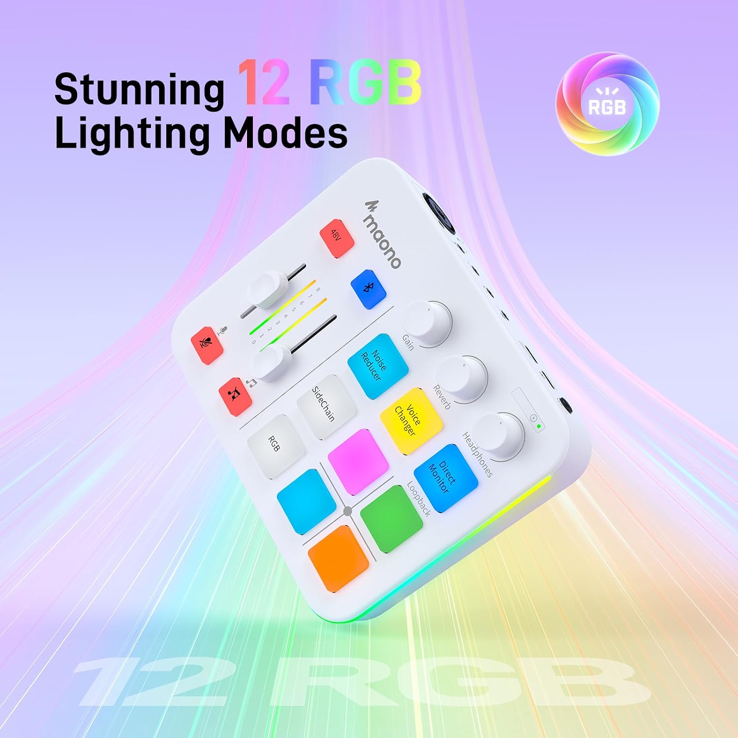 Detalle 1 de MAONO G1 NEO White Gaming Audio Mixer with XLR, 48V and RGB