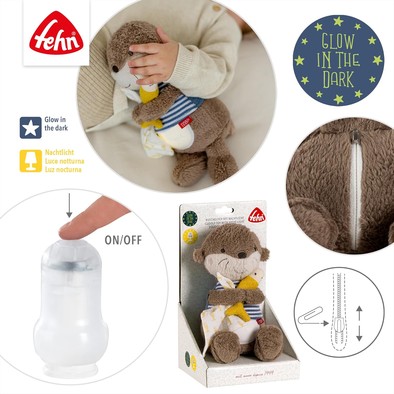 Thumbnail 4 de Fehn luce notturna lontra – animale di peluche con ricamo Glow-in-The-Dark e modulo luce notte, per bambini da 0 mesi