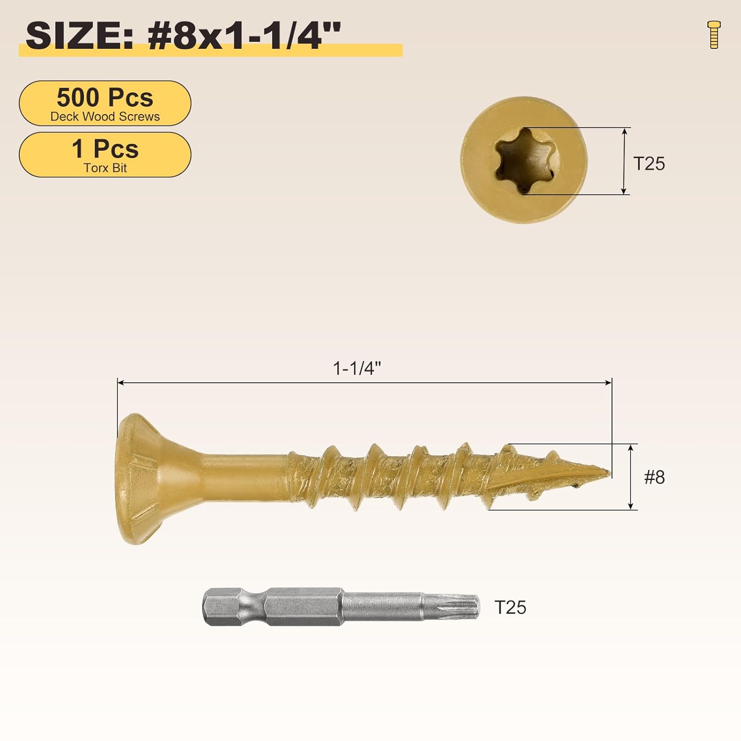 Thumbnail 1 de METALLIXITY Deck Screws #8 x 1-1/4" T25 Torx (Tan) – 500 pack with T25 bit