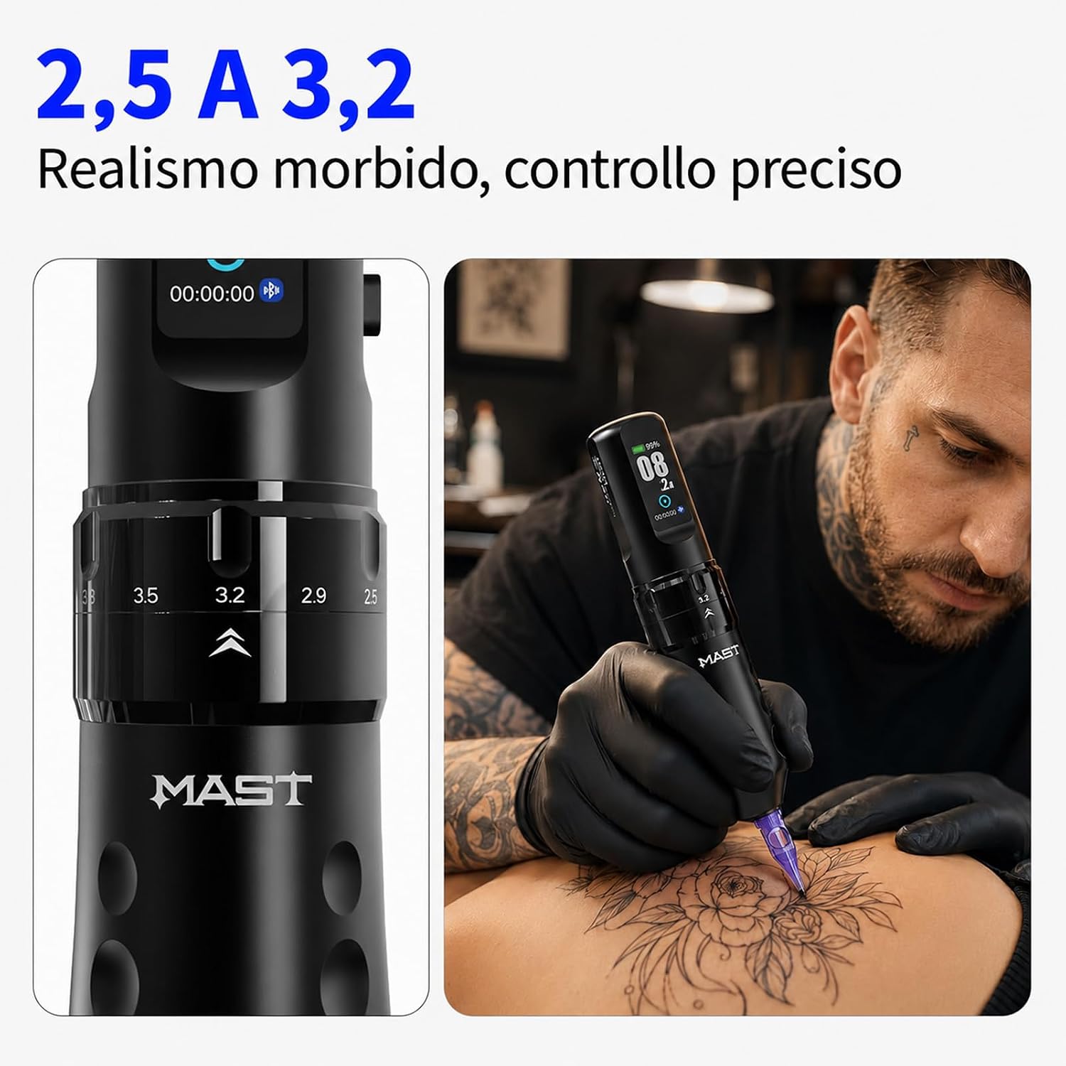 Detalle de Mast Tattoo Flip4 Pro macchina per tatuaggi senza fili, 7 corsa (2,5–4,5 mm) con batteria 2000 mAh