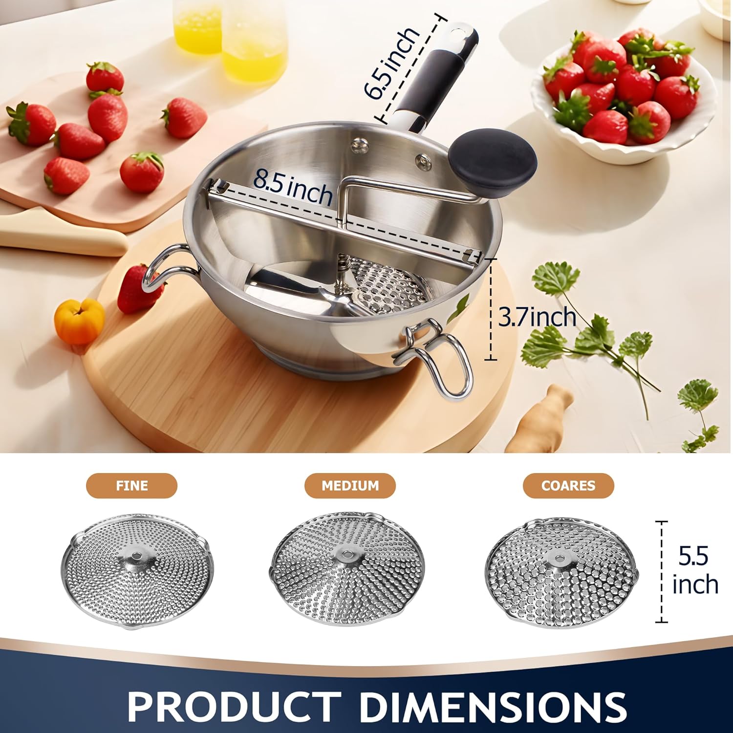Detalle 2 de Stainless Steel Food Mills with 3 Milling Discs — Ergonomic Rotary Design with Silicone Handle
