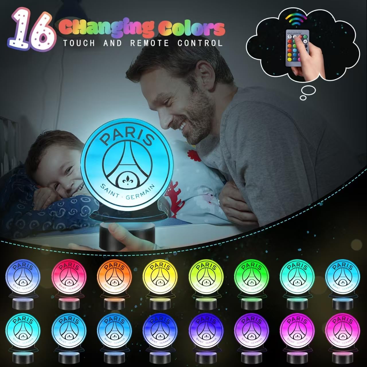 Detalle 2 de Veilleuse 3D Paris Football LED pour enfants avec télécommande et 16 couleurs