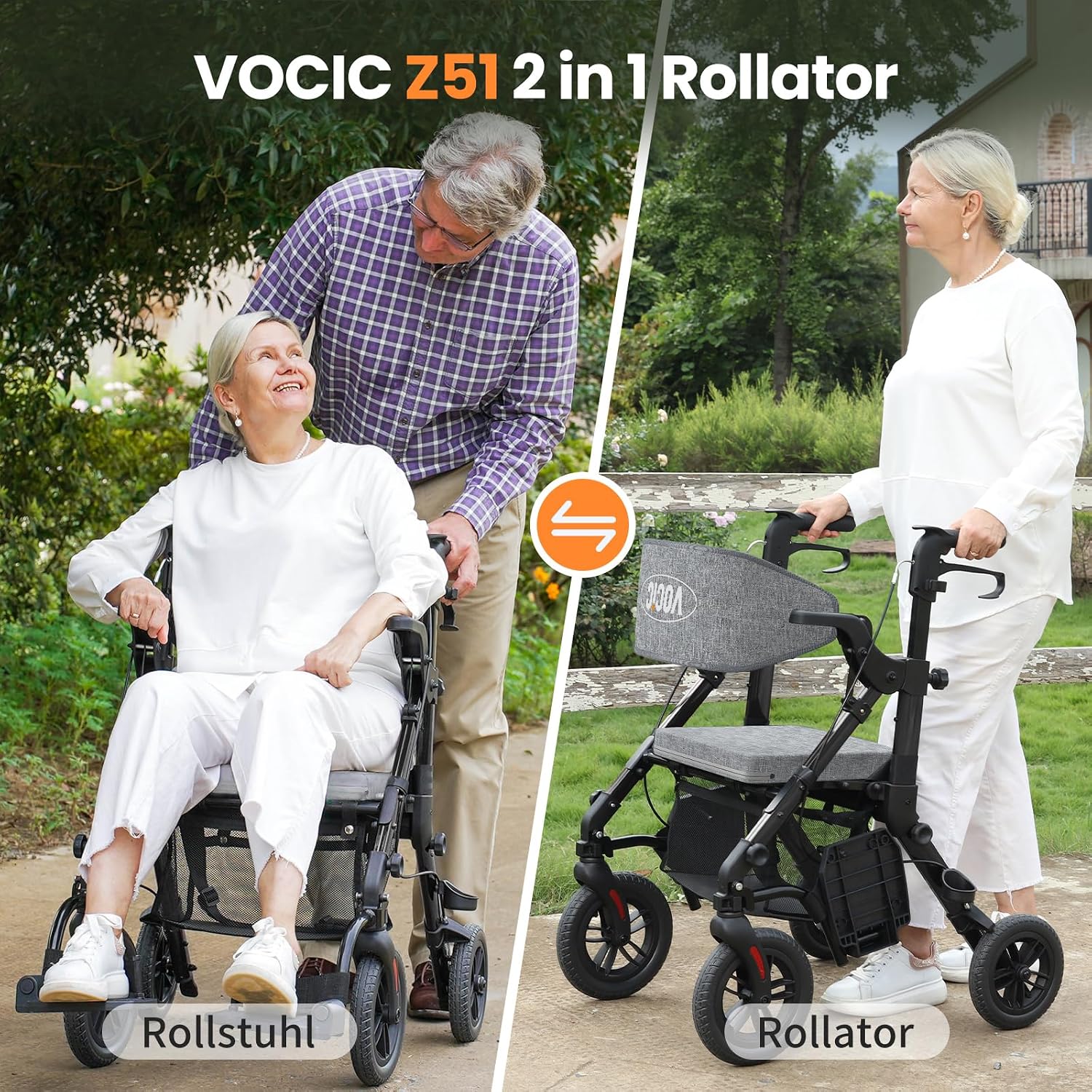 Thumbnail 1 de VOCIC 2-in-1 Rollstuhl-Rollator: faltbar, leicht, vielseitig – Outdoors mit Gummireifen und Netz-/Taschengestaltung